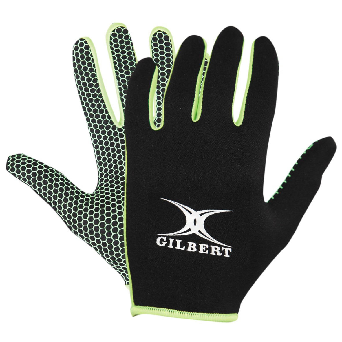 Black gloves with a textured green honeycomb pattern on the palms, featuring a white Gilbert logo on the back and contrasting neon green stitching.