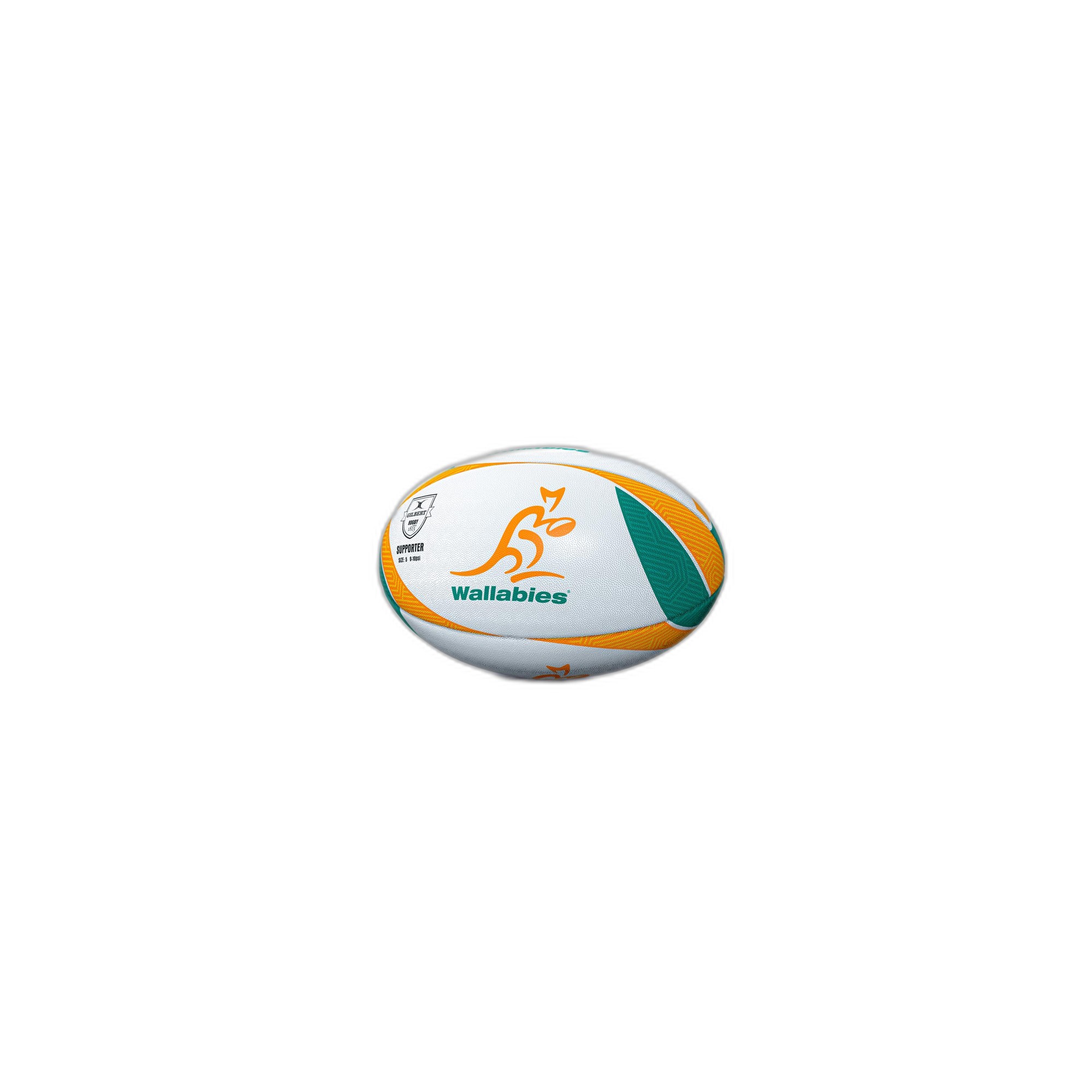 White rugby ball featuring green and gold accents, with the Wallabies logo prominently displayed, designed for supporters of Australian rugby.