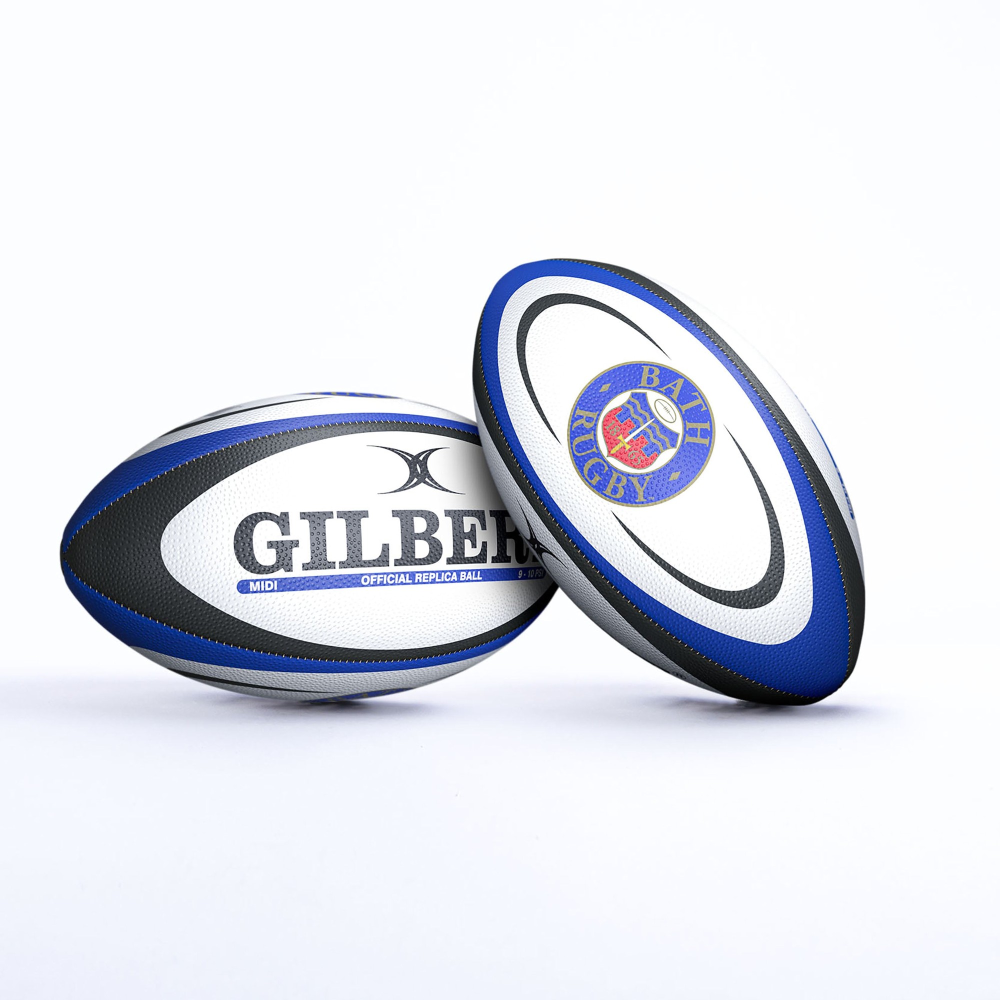 White rugby ball with blue and black accents, featuring "GILBERT" and "BATH RUGBY" logos, made of durable synthetic material, designed for replica play.