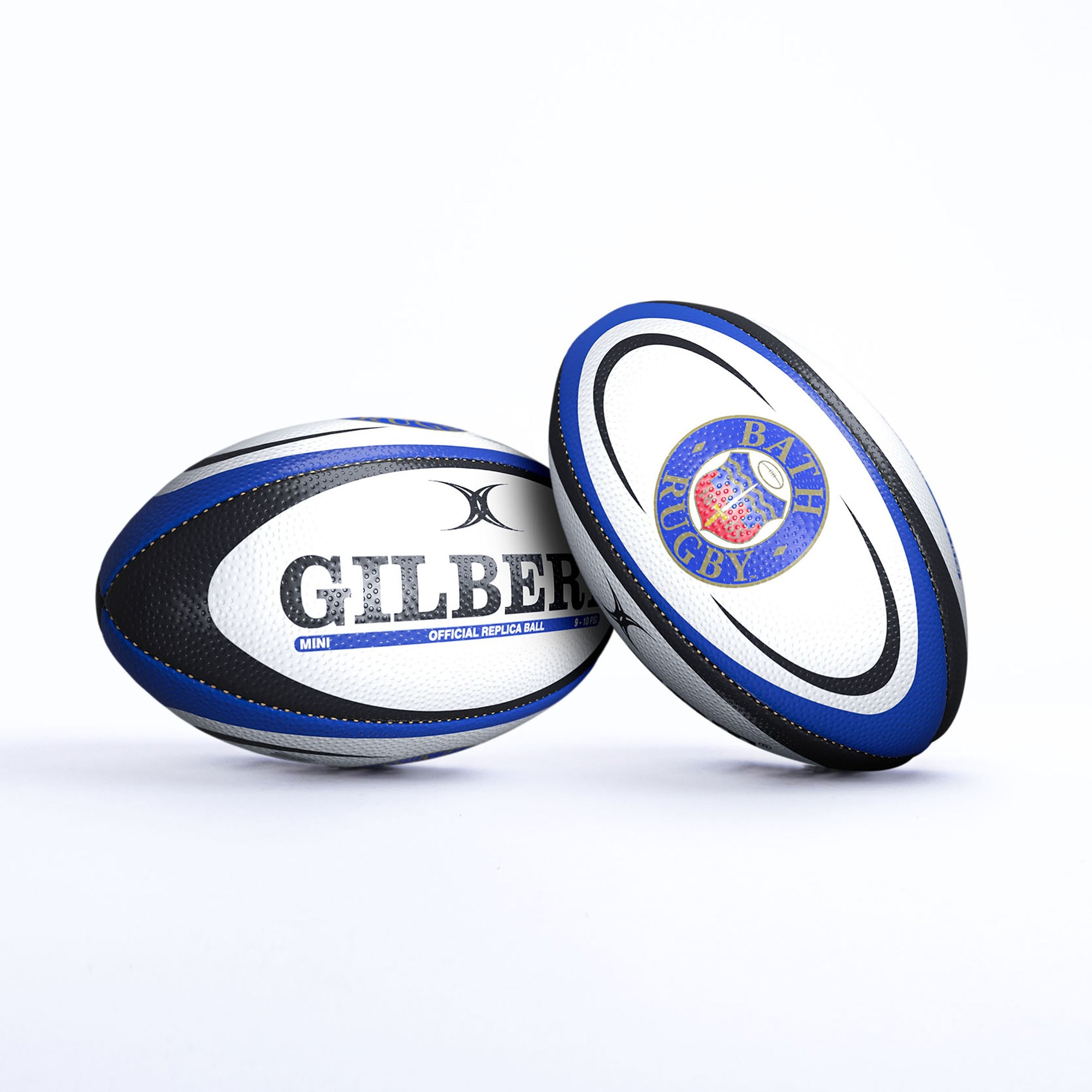 Gilbert Bath Rugby replica ball featuring a white, black, and blue design with "GILBERT" and "BATH RUGBY" logos, made of durable synthetic material.