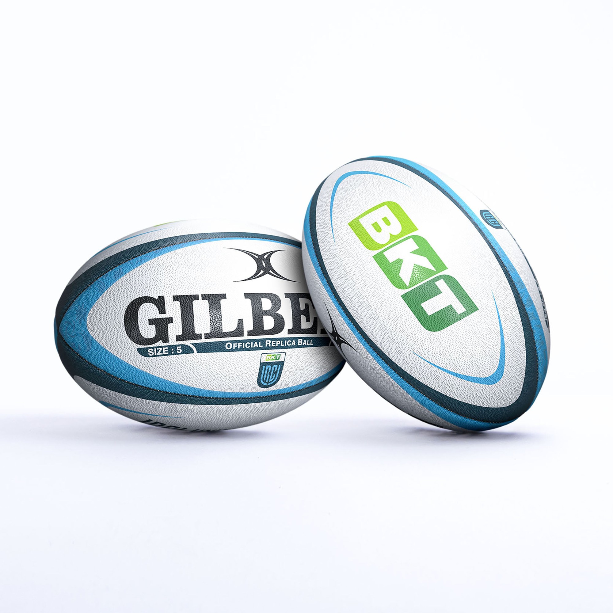White rugby ball featuring black and teal accents, with "GILBERT" and "BKT" logos prominently displayed, designed for the United Rugby Championship, size 5.