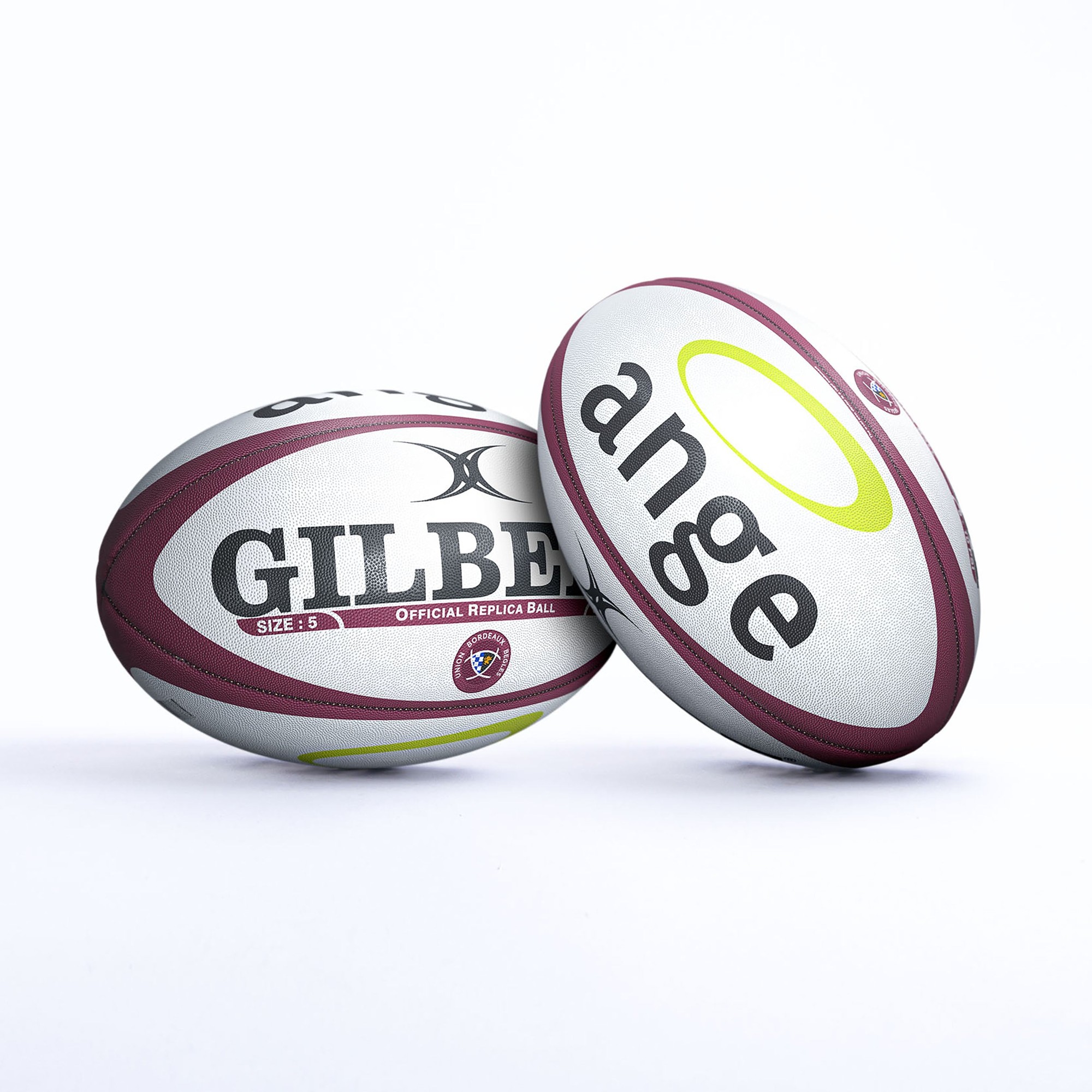 Gilbert Bordeaux Begles replica rugby ball featuring a white and maroon design, with "GILBERT" and "ange" logos, made of durable synthetic material, size 5.