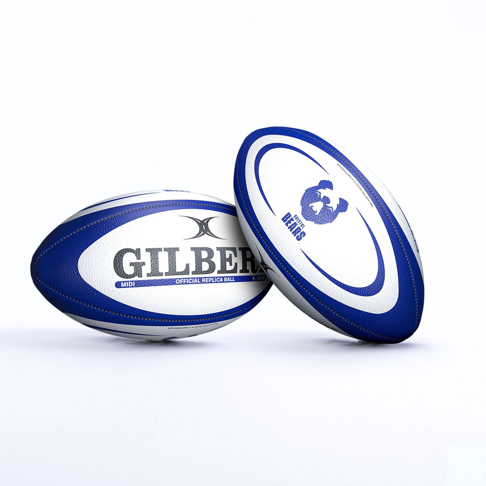 White rugby ball with blue accents, featuring "GILBERT" and "OFFICIAL REPLICA BALL" text, along with the Bristol Bears logo and "BEARS" in bold blue.