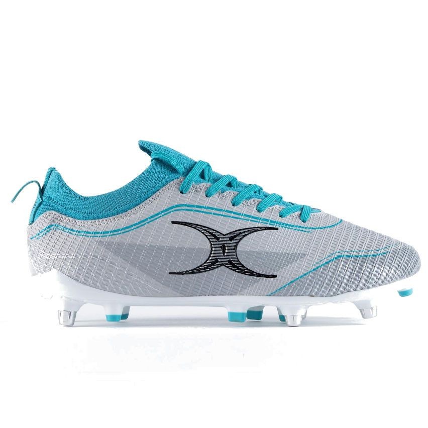 Junior rugby boots in grey and aqua, featuring a textured mesh upper, black logo, and six studded soles for traction on the field.