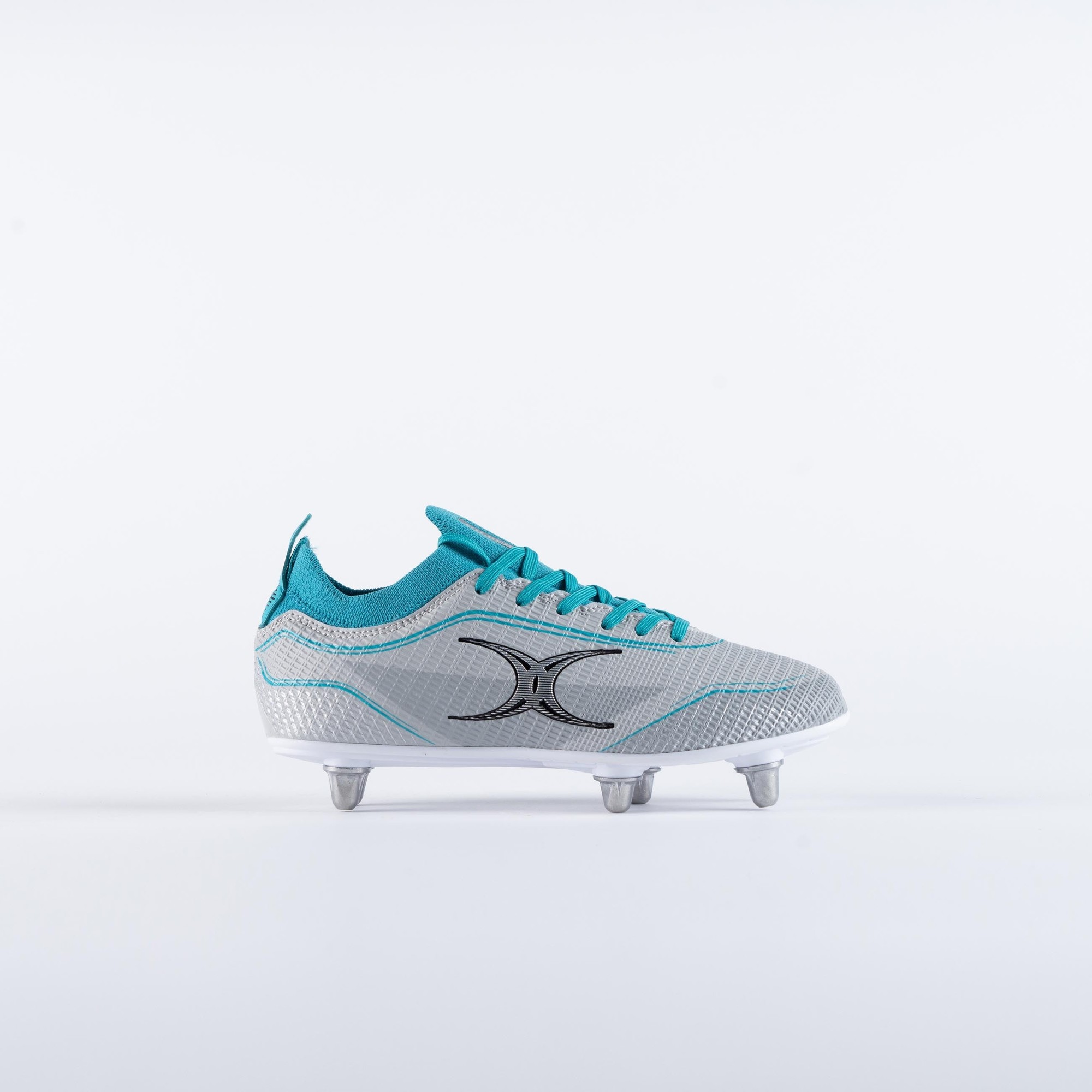 Junior rugby boots in grey and aqua, featuring a lightweight mesh upper, cushioned sole, and six molded studs for traction on the field.