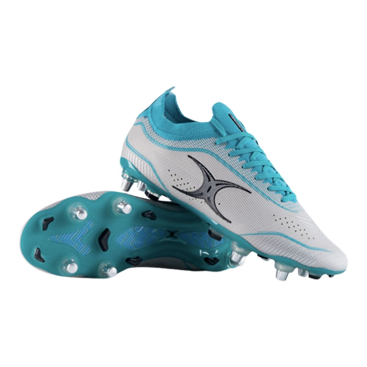 Grey and aqua Gilbert Rugby Cage Pace Pro 6S boots featuring a lightweight design, mesh upper, and molded studs for traction on the field.
