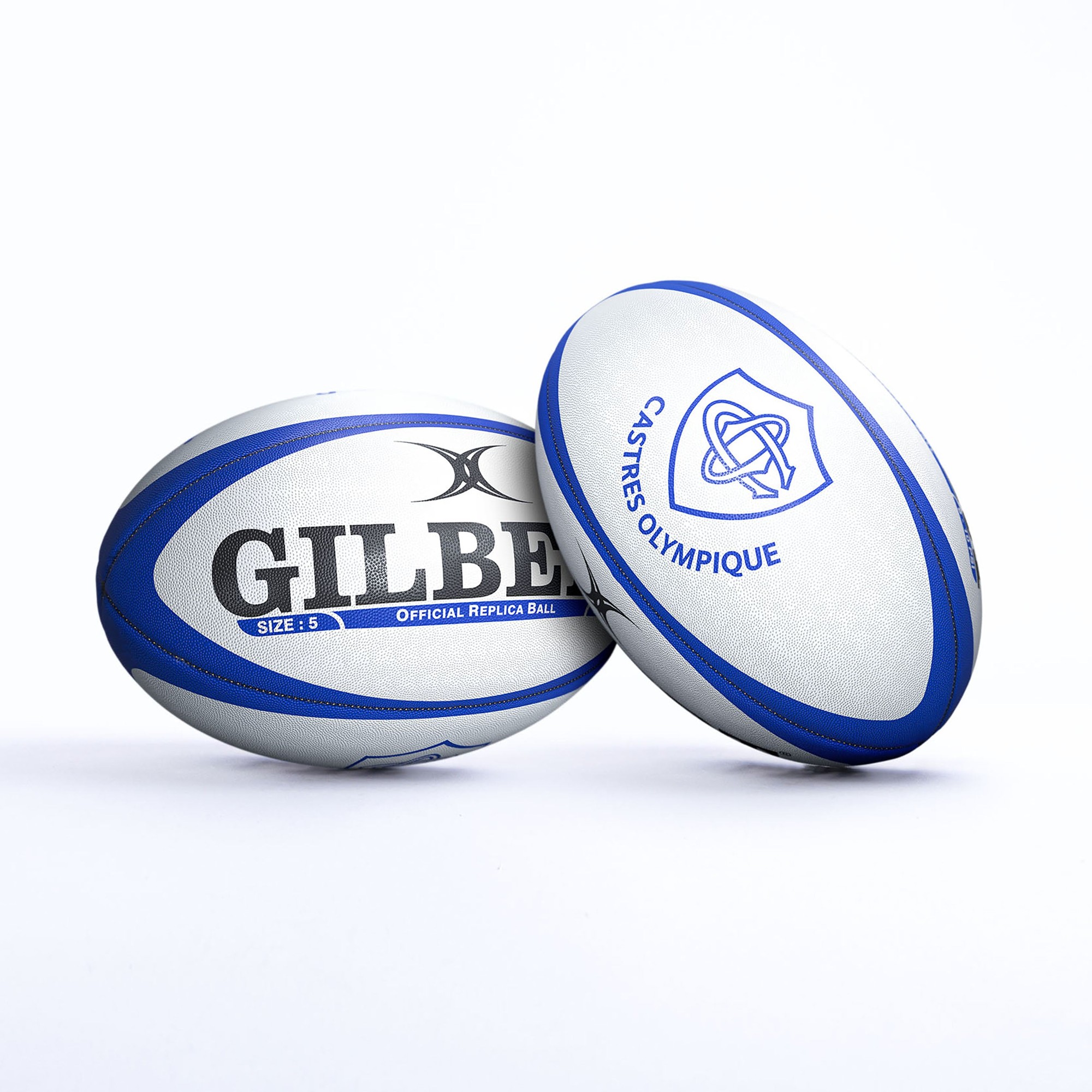 White rugby ball with blue accents, featuring "GILBERT" and "CASTRES OLYMPIQUE" logos, made of durable synthetic material, designed for official replica use, size 5.