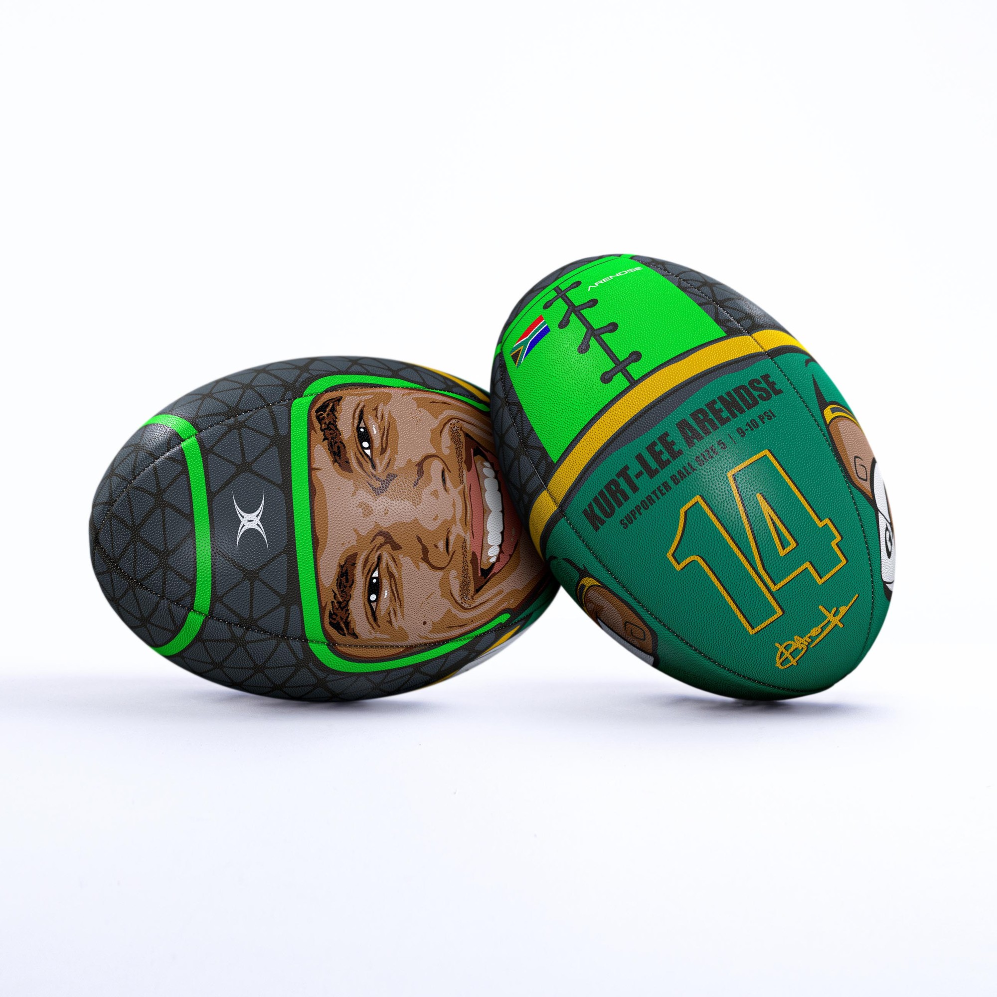 Gilbert Rugby signature ball featuring Kurt-Lee Arendse, predominantly green with black and yellow accents, showcasing his face and jersey number 14.