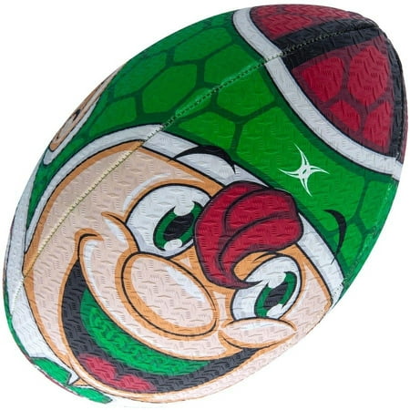 A vibrant green rugby ball featuring a cheerful Christmas elf design with a red hat, large smiling face, and textured surface for grip.