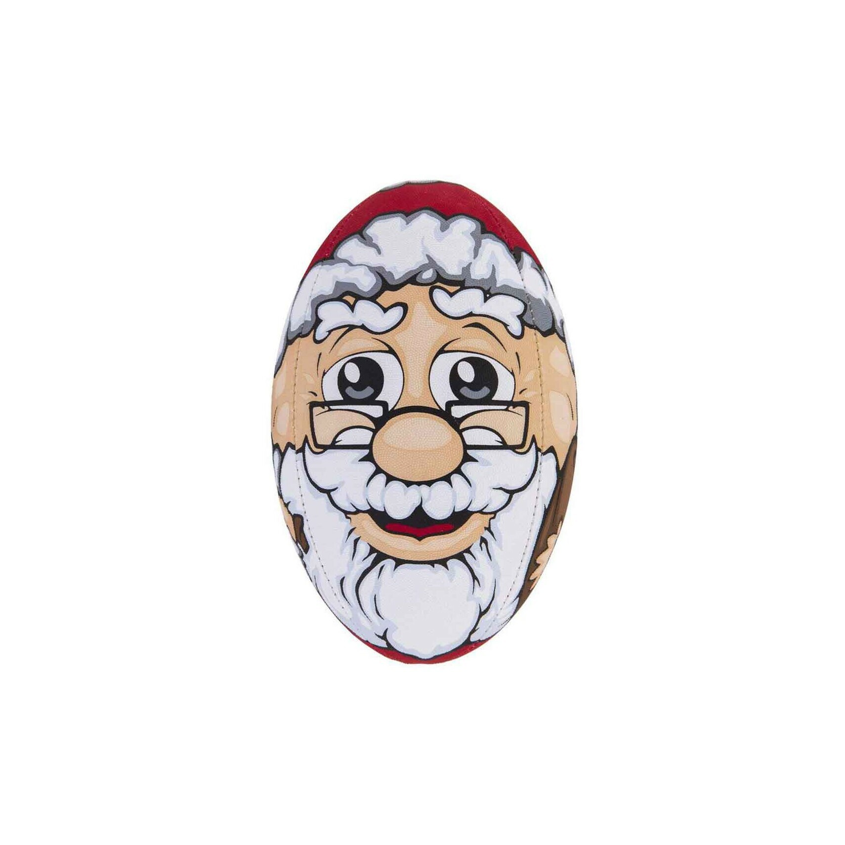 Red and white rugby ball featuring a cartoon Santa Claus face with glasses, a white beard, and a cheerful expression, made from durable material for leisure play.