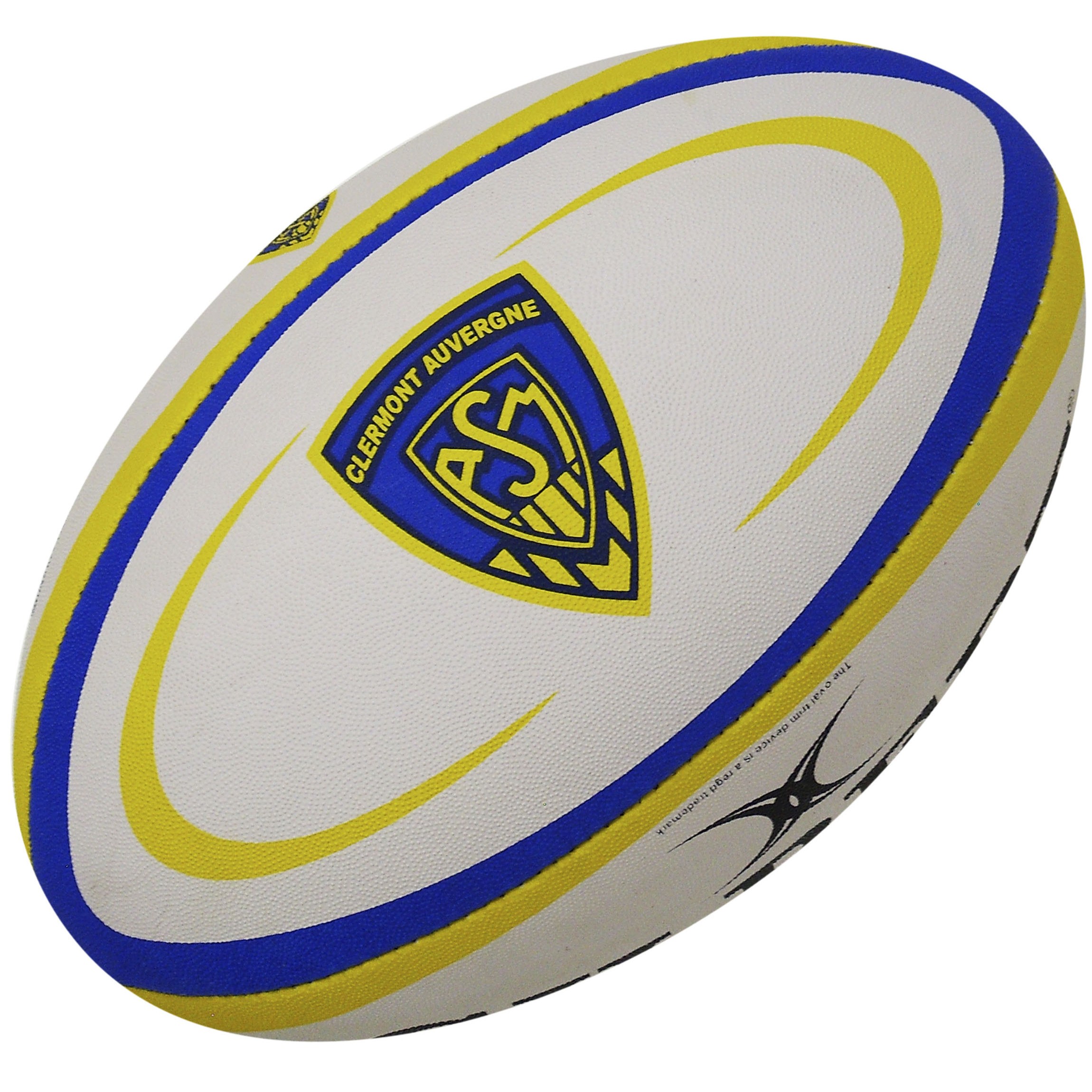 White rugby ball with yellow and blue accents, featuring the Clermont Auvergne logo and textured surface for grip, designed for replica play by Gilbert Rugby.