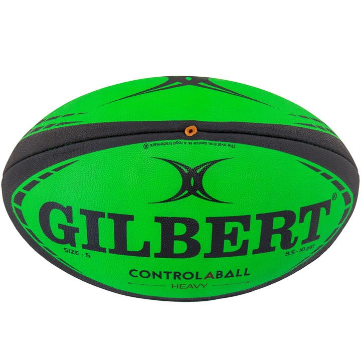 Bright green Gilbert Control-a-Ball rugby ball featuring black accents, textured surface for grip, and "GILBERT" logo prominently displayed. Size 5, designed for training and control.