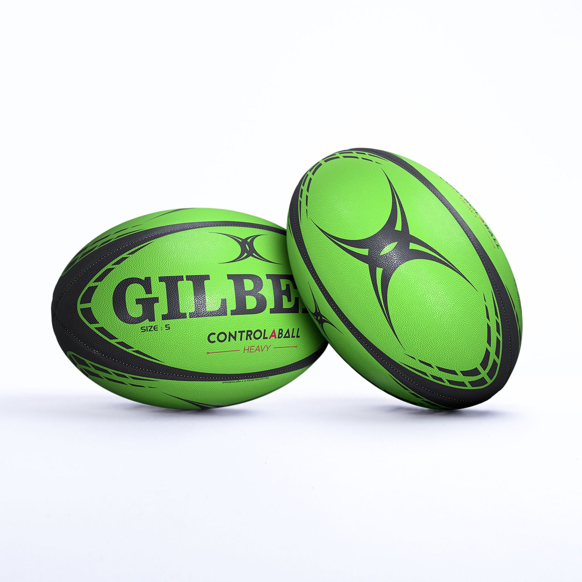 Two vibrant green rugby balls with black accents, featuring the "Gilbert" logo and "Control-a-Ball" text, designed for enhanced grip and control during play.