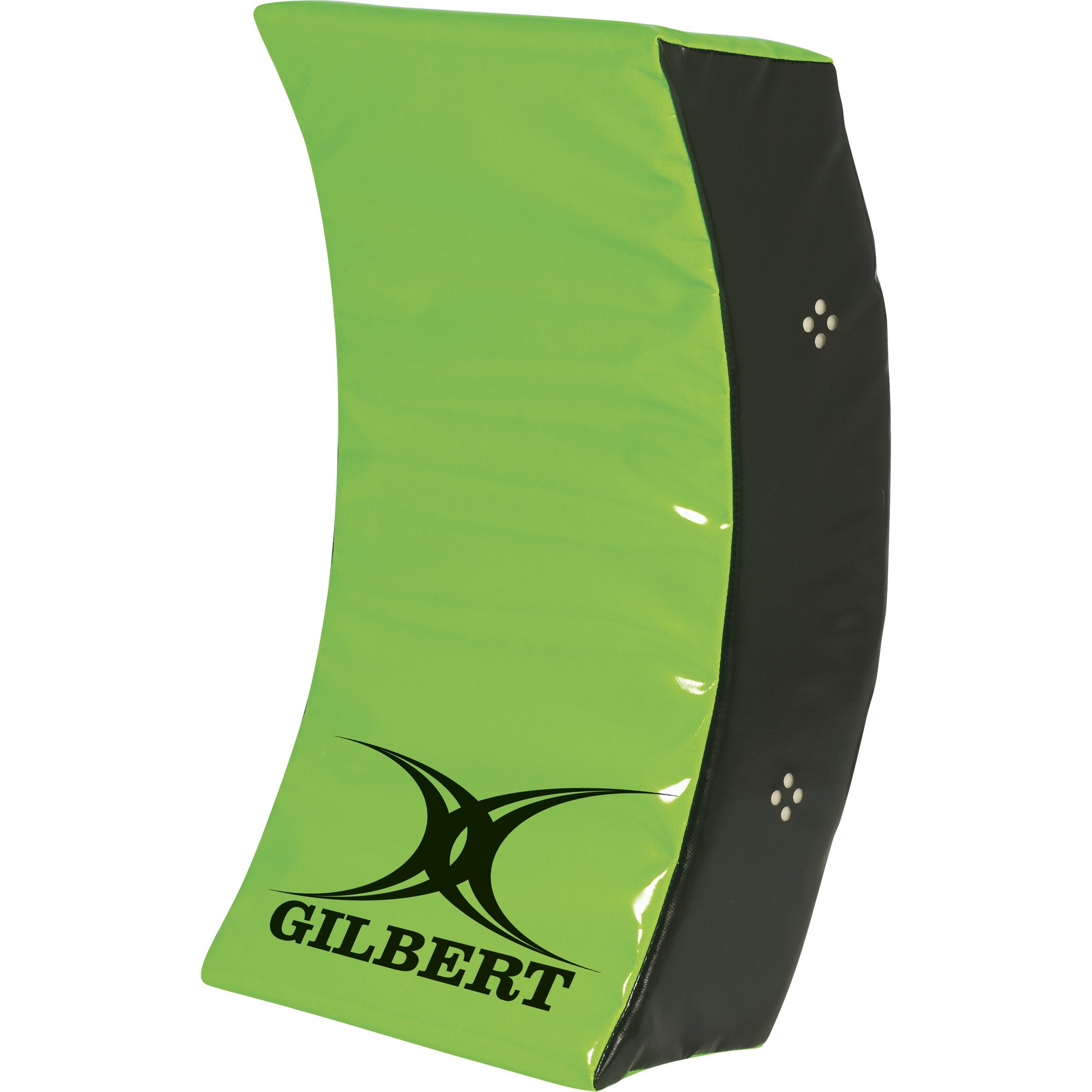 Bright green curved wedge training pad with a black side, featuring the "GILBERT" logo in bold, designed for rugby practice and impact absorption.