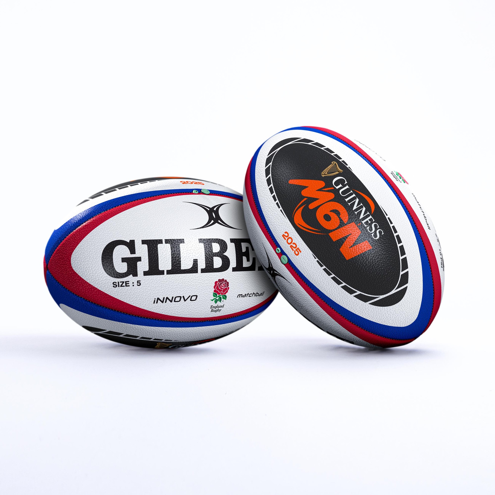 White rugby ball with red, blue, and black accents, featuring "GILBERT" and "GUINNESS SIX NATIONS 2025 INNOVO" logos, designed for match play, size 5.