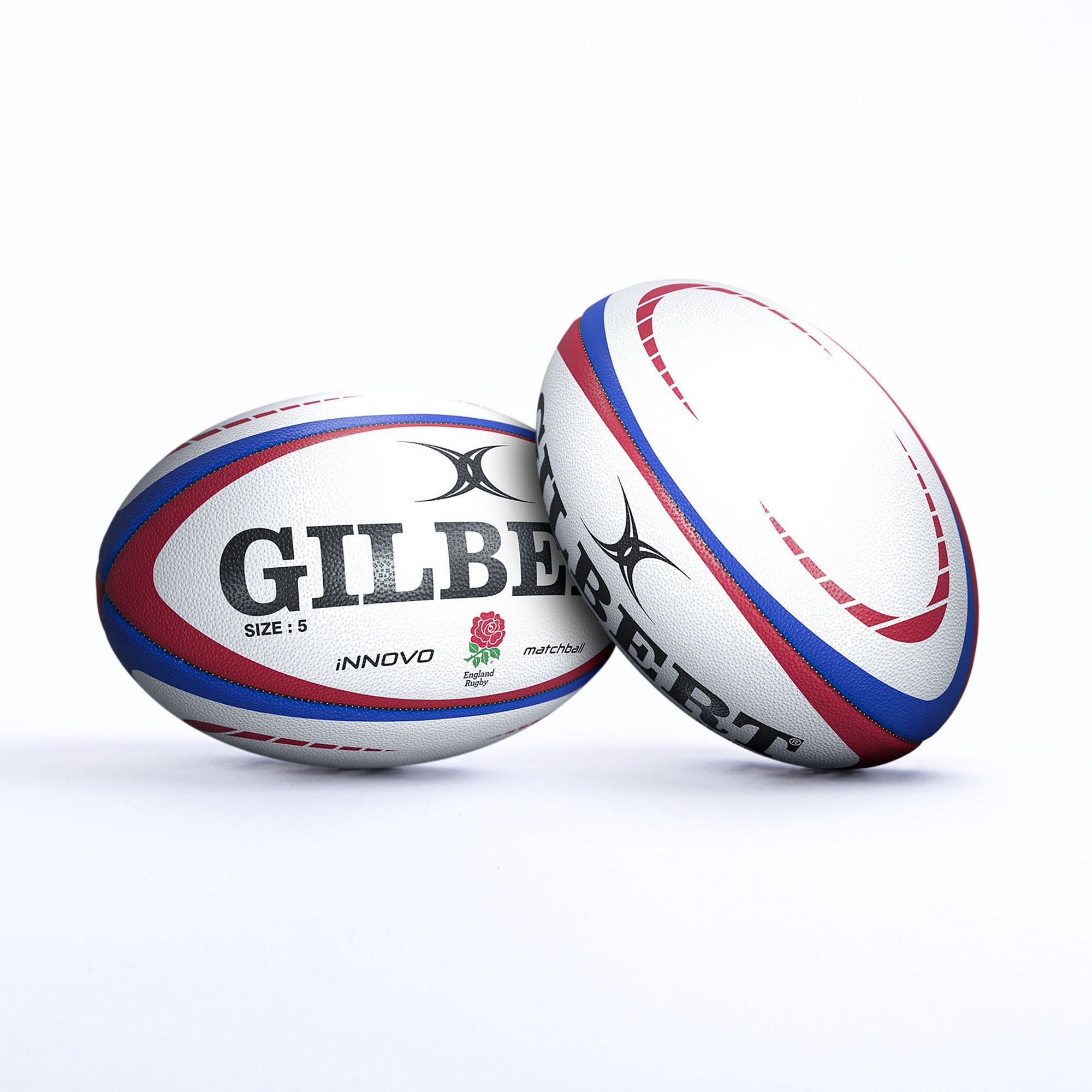 White rugby ball featuring red and blue accents, with "GILBERT" prominently displayed and "INNOVO" label, designed for match play, size 5.