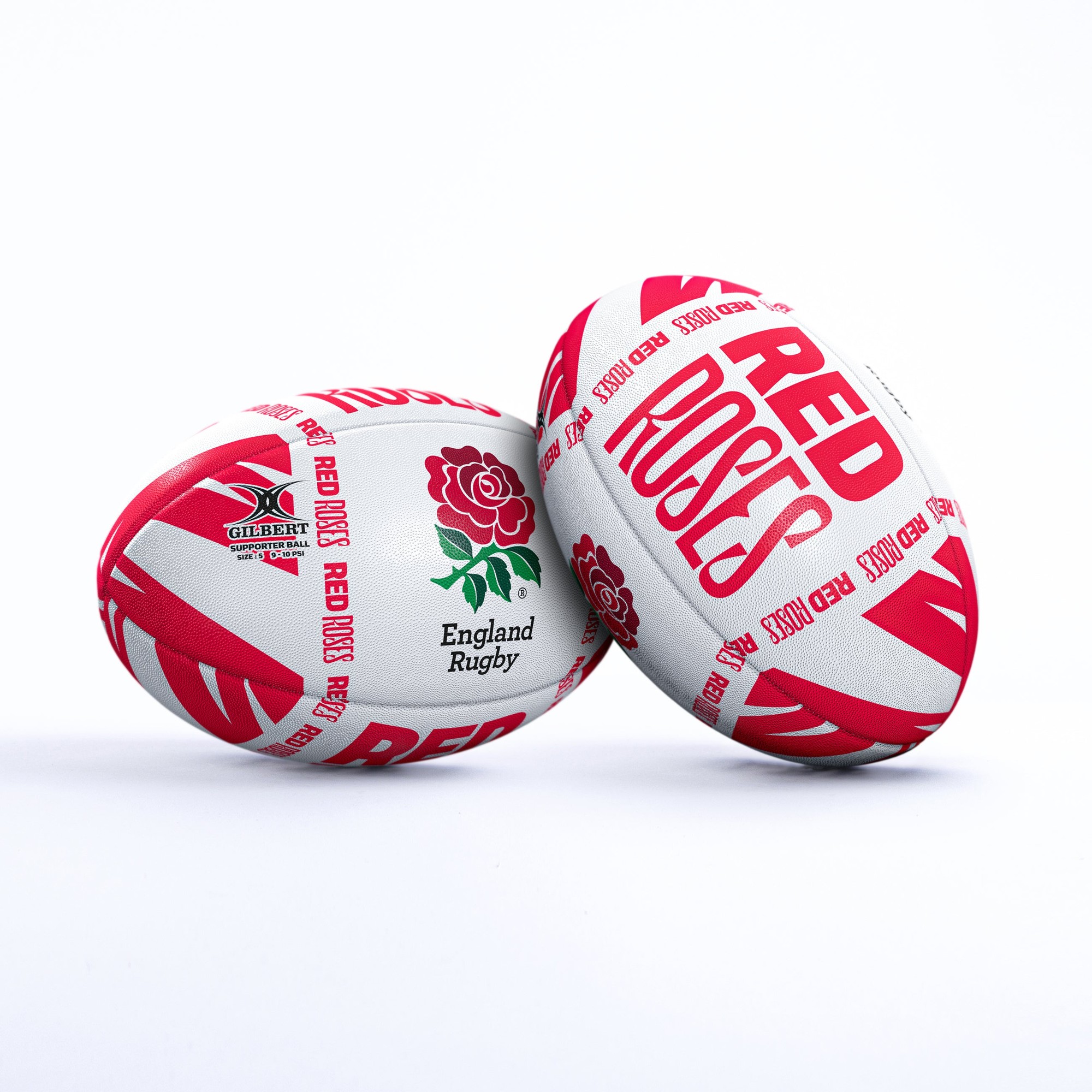 Red and white rugby ball featuring the England Rugby logo and "Red Roses" text, designed in country colors with a smooth synthetic material finish.