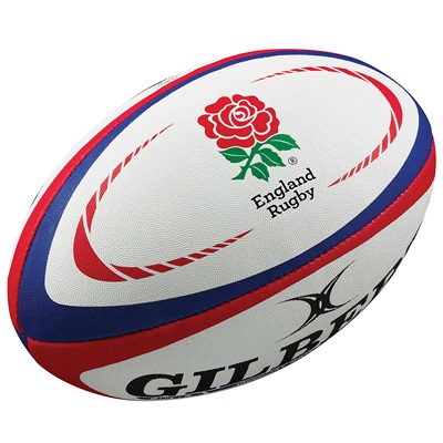 White rugby ball featuring a red rose emblem, "England Rugby" text, and blue and red accents, made from durable synthetic material with a textured surface.