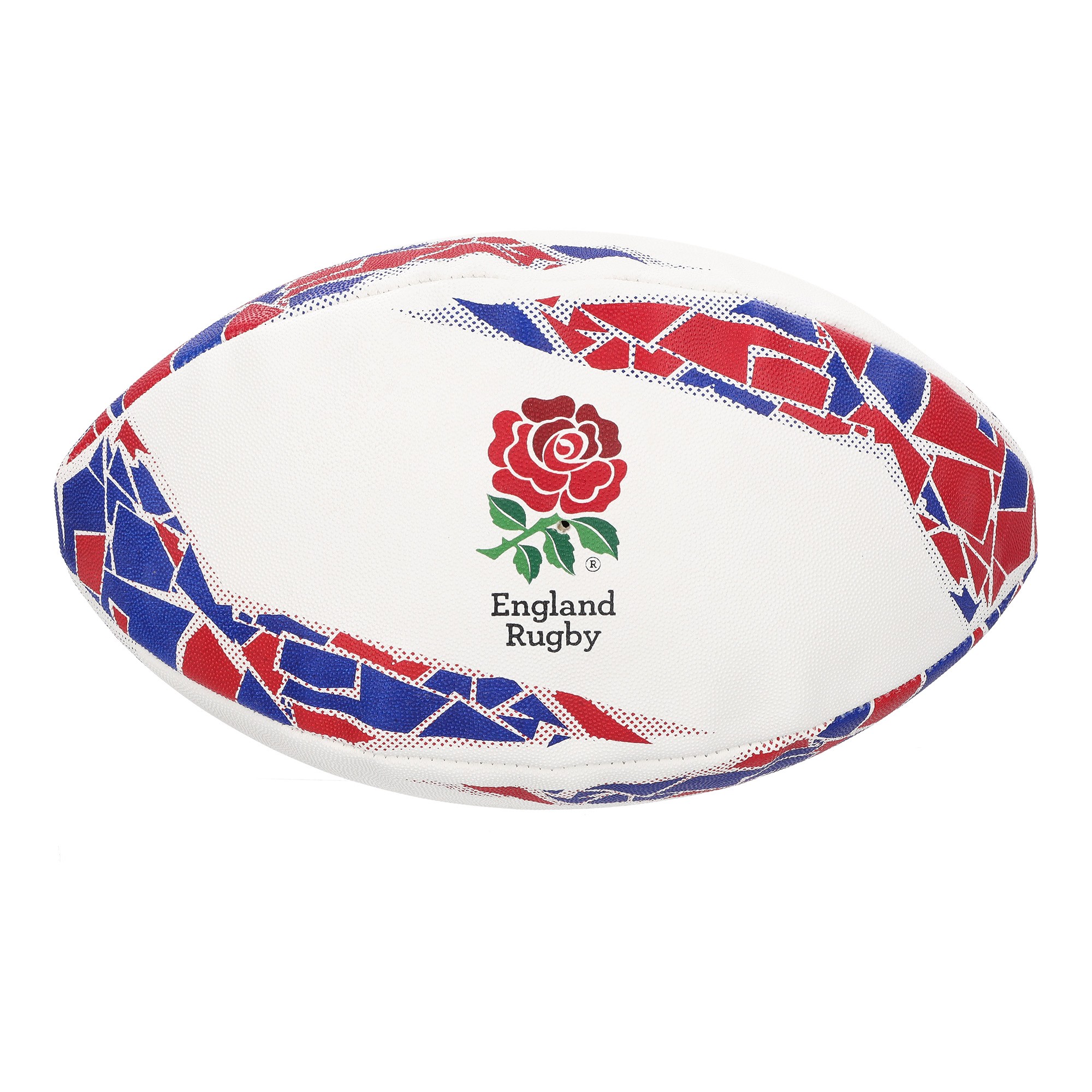 Gilbert England Supporter Rugby Ball in white with red and blue geometric patterns, featuring the England Rugby rose logo prominently on one side.
