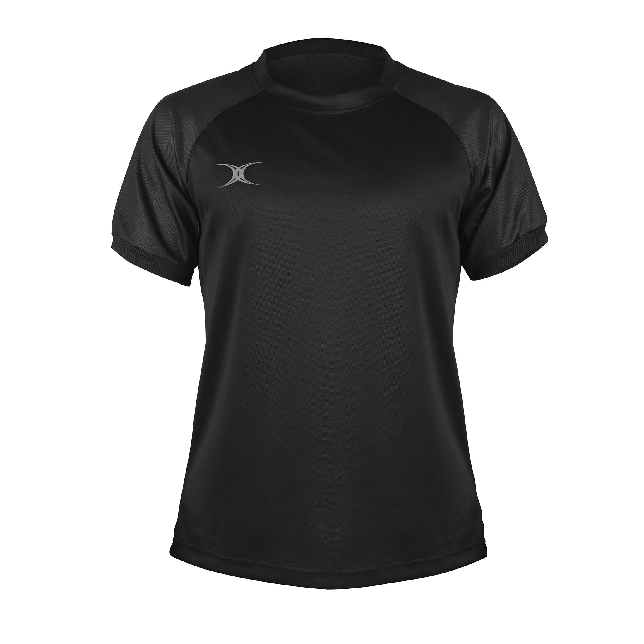 Black short-sleeve men's t-shirt made from breathable material, featuring a sleek design and a subtle silver Gilbert Rugby logo on the left chest.