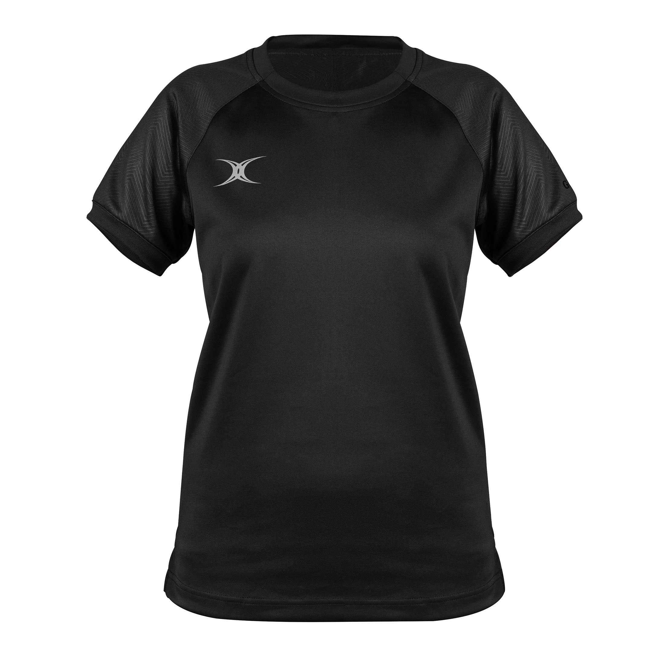 Black short-sleeve women's t-shirt by Gilbert Rugby, featuring a smooth body material and textured sleeves, with a subtle silver logo on the upper left chest.