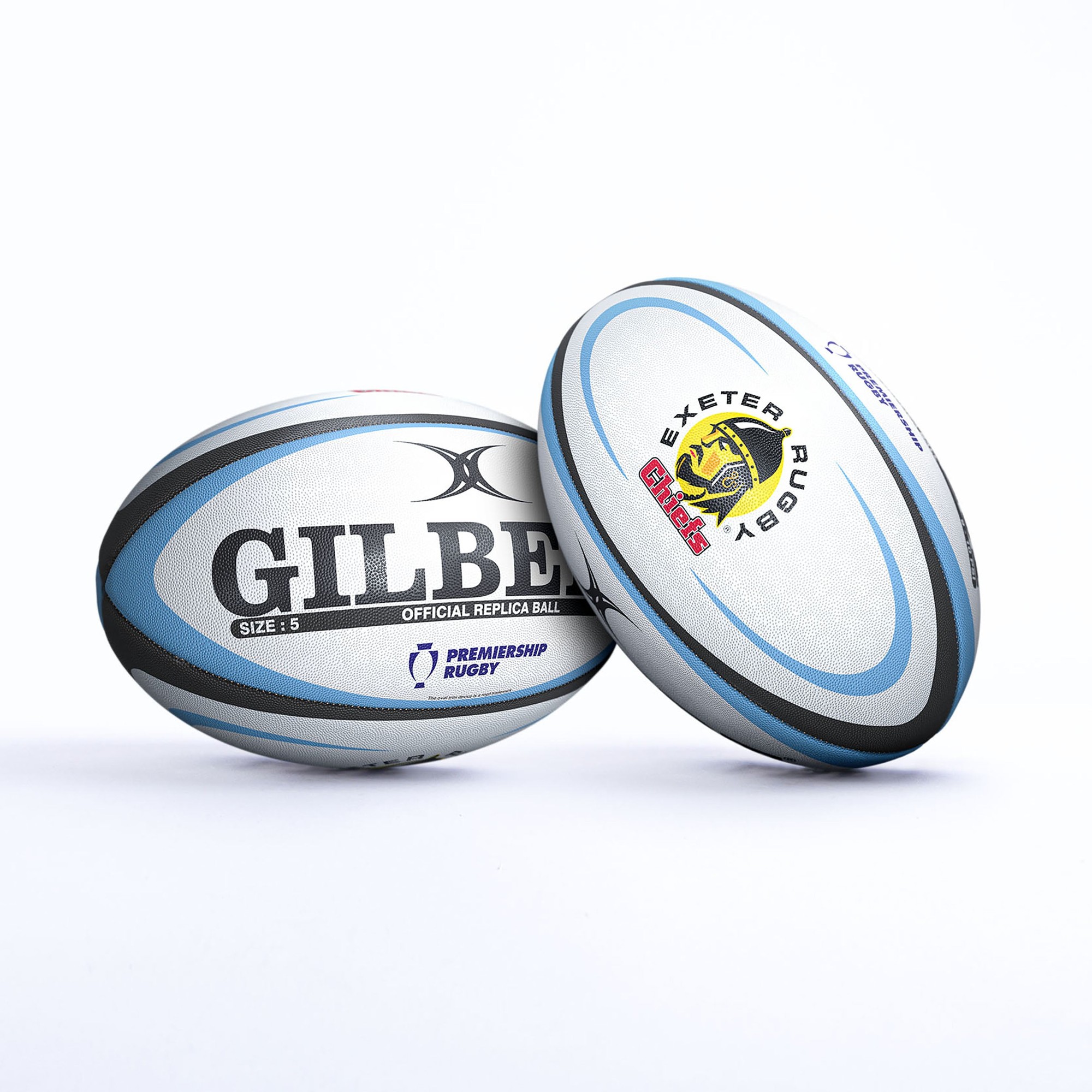 Gilbert Exeter Chiefs Replica Rugby Ball featuring a white and blue design, with the Exeter Chiefs logo and "GILBERT" prominently displayed, made of durable rubber material.
