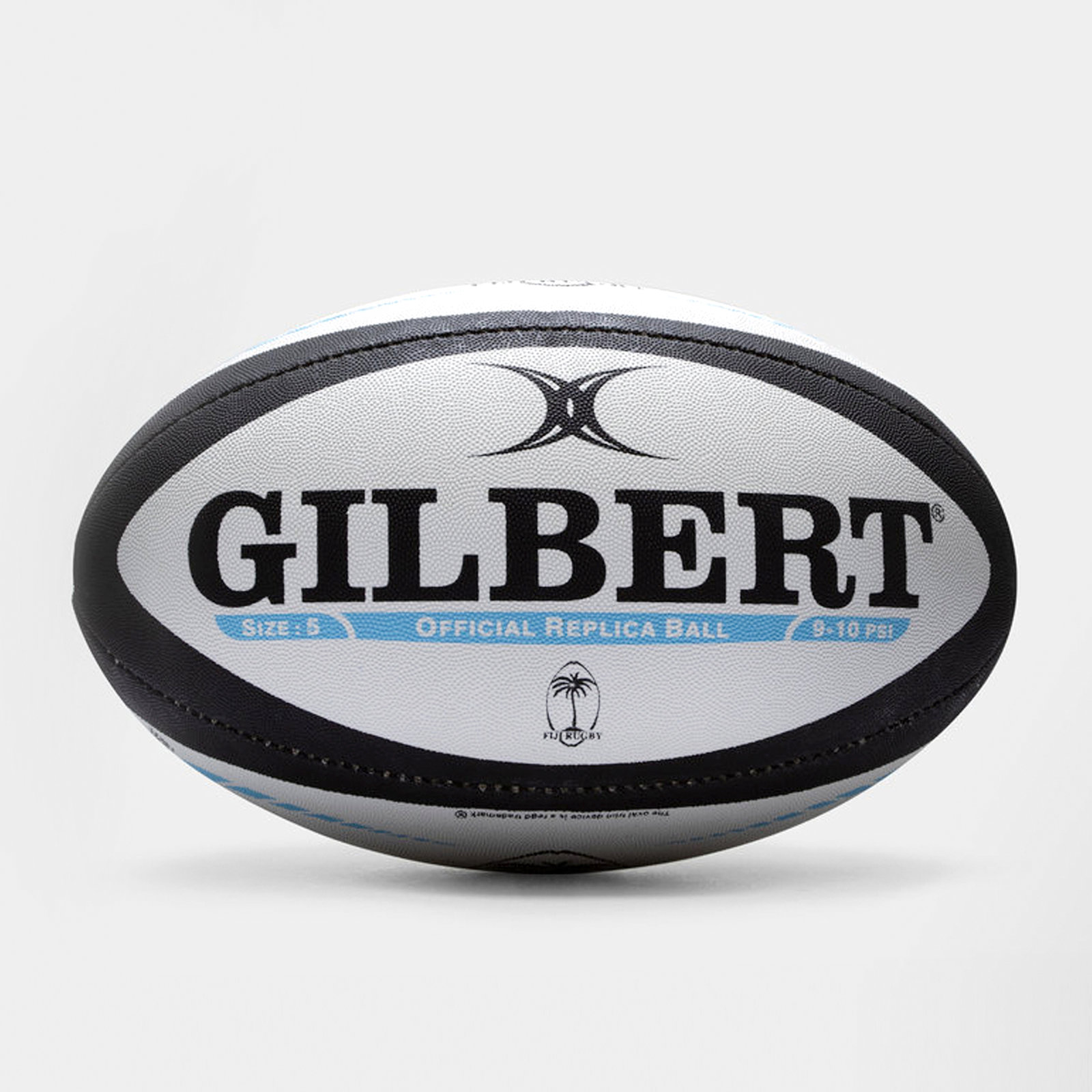Gilbert Fiji replica rugby ball featuring a white and black design with blue accents, marked with "GILBERT" and "OFFICIAL REPLICA BALL," made of durable synthetic material.