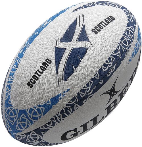 A rugby ball featuring a blue and white design with the Scottish flag, "SCOTLAND" text, and intricate knot patterns, made of durable synthetic material.