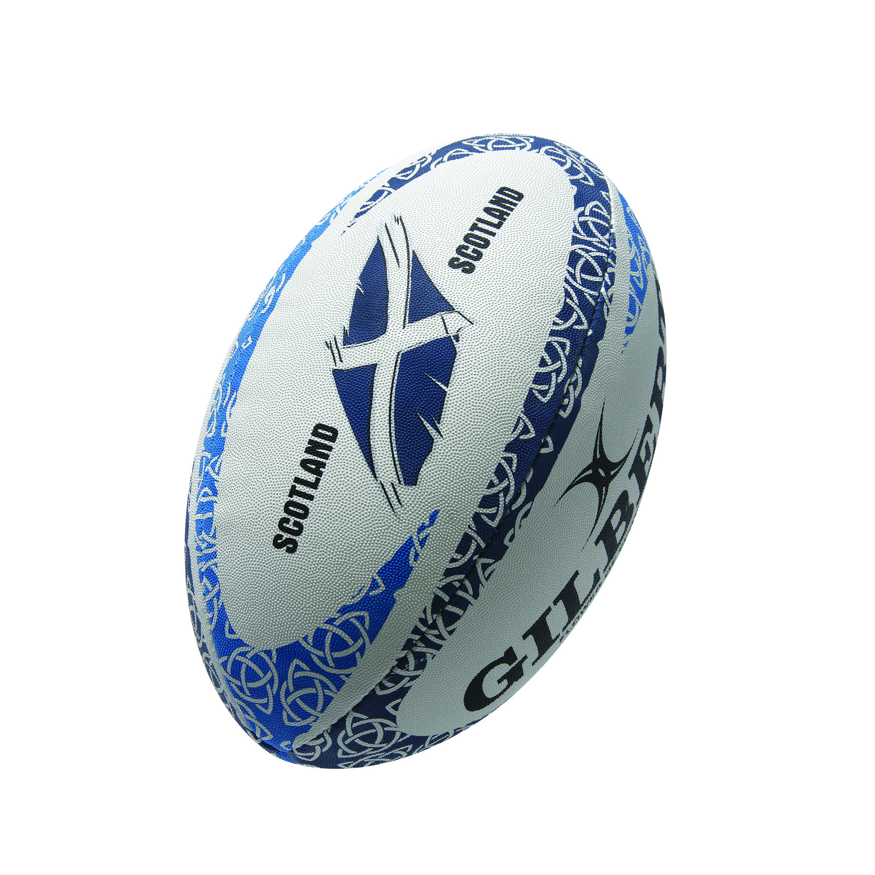 Gilbert Rugby Flower of Scotland mascot ball features a blue and white design with the Scottish flag and floral motifs, made of durable synthetic material for optimal play.