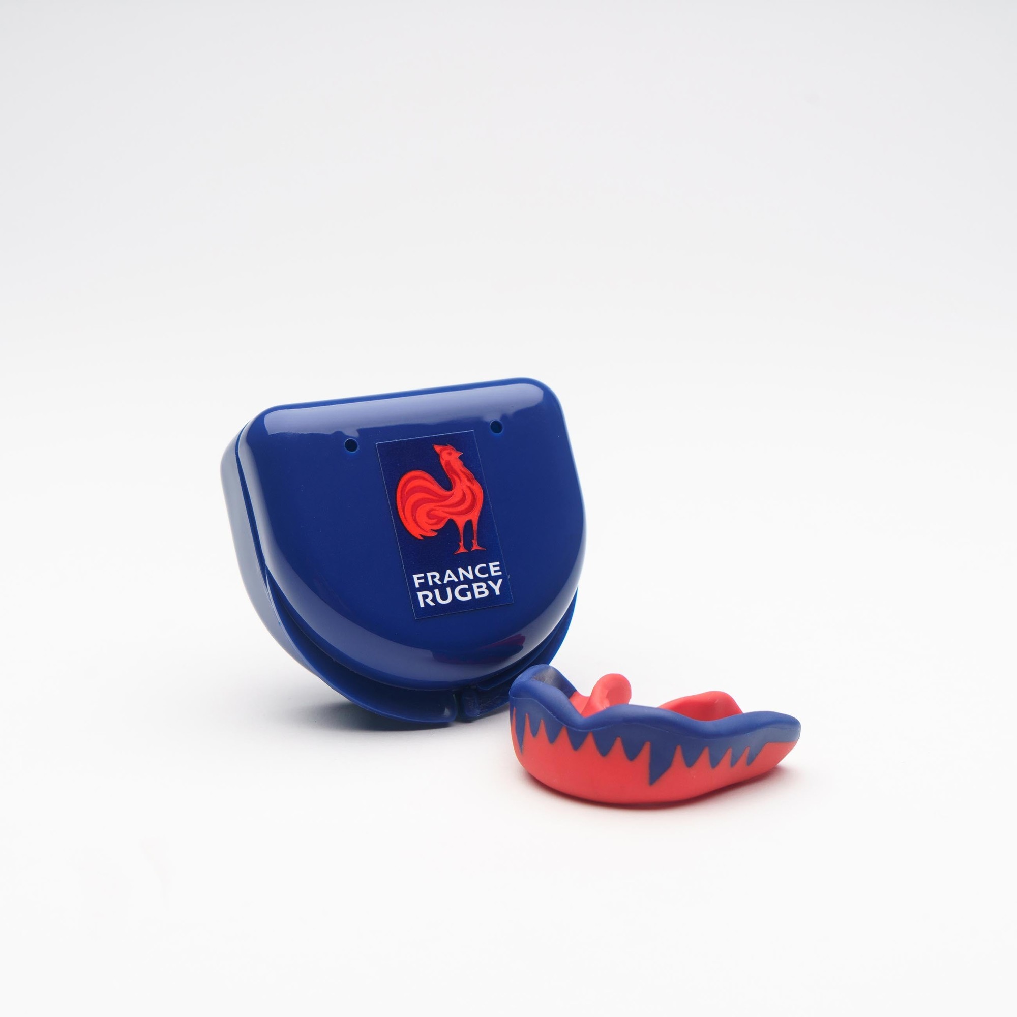 Blue and red Gilbert France Synergie Viper mouthguard with a rooster emblem, packaged in a matching blue case featuring the France Rugby logo.