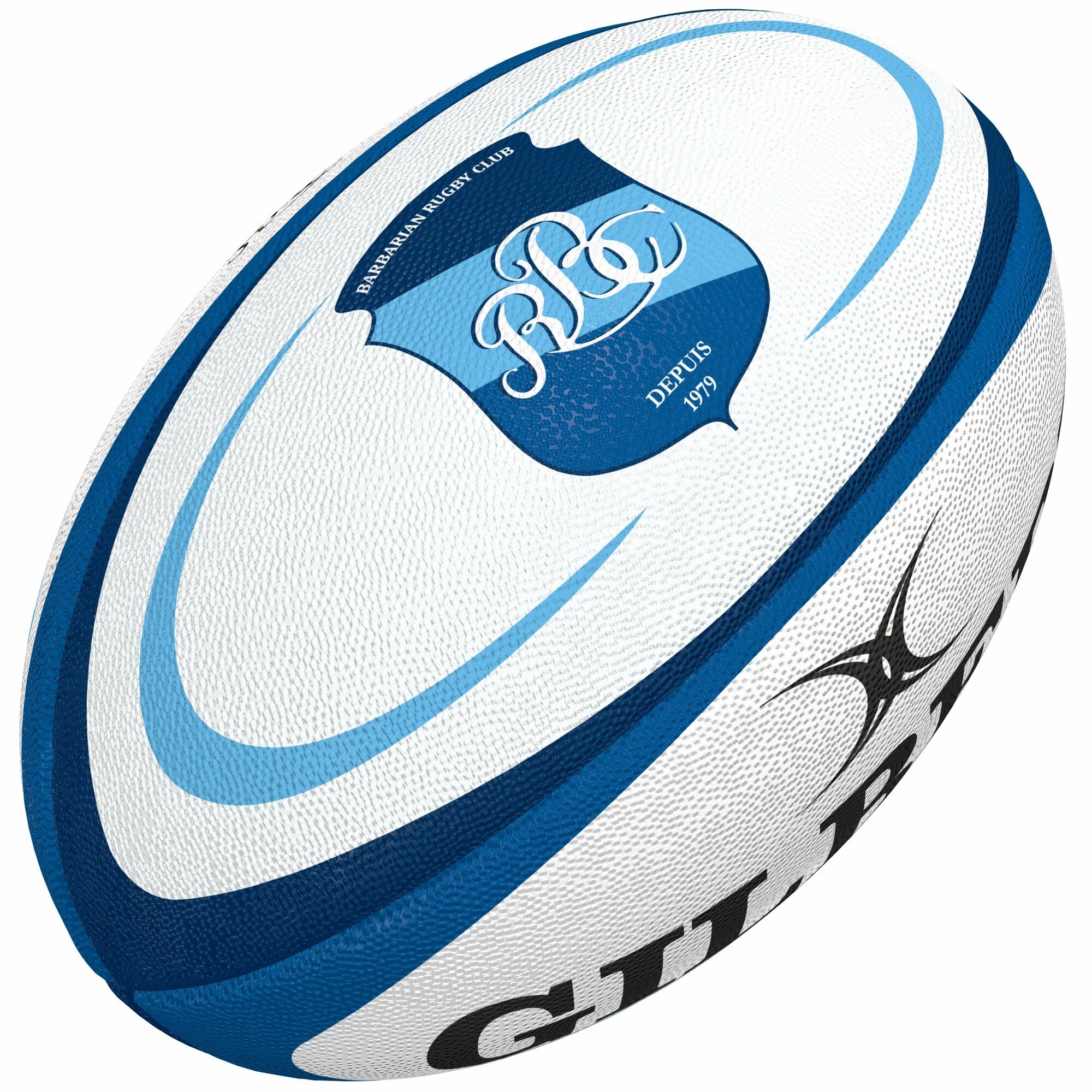 White rugby ball with blue accents, featuring the French Barbarians logo and "Gilbert" branding, made from durable synthetic material.