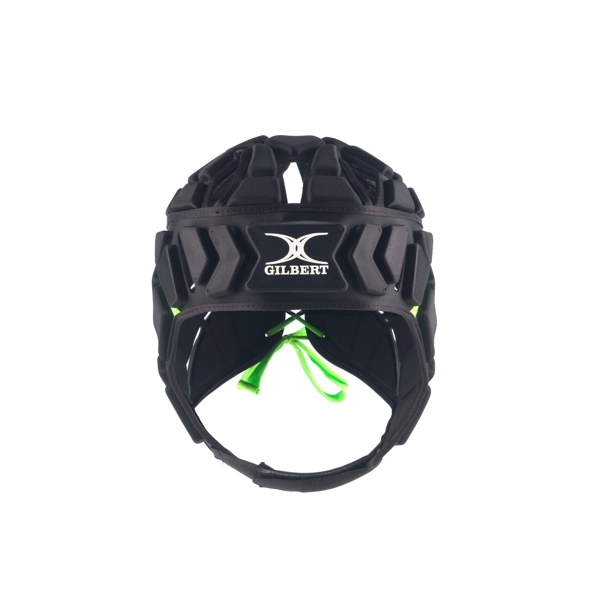 Black Gilbert Fusion headguard featuring a padded design, adjustable chin strap, and vibrant green accents for enhanced visibility and comfort during rugby.