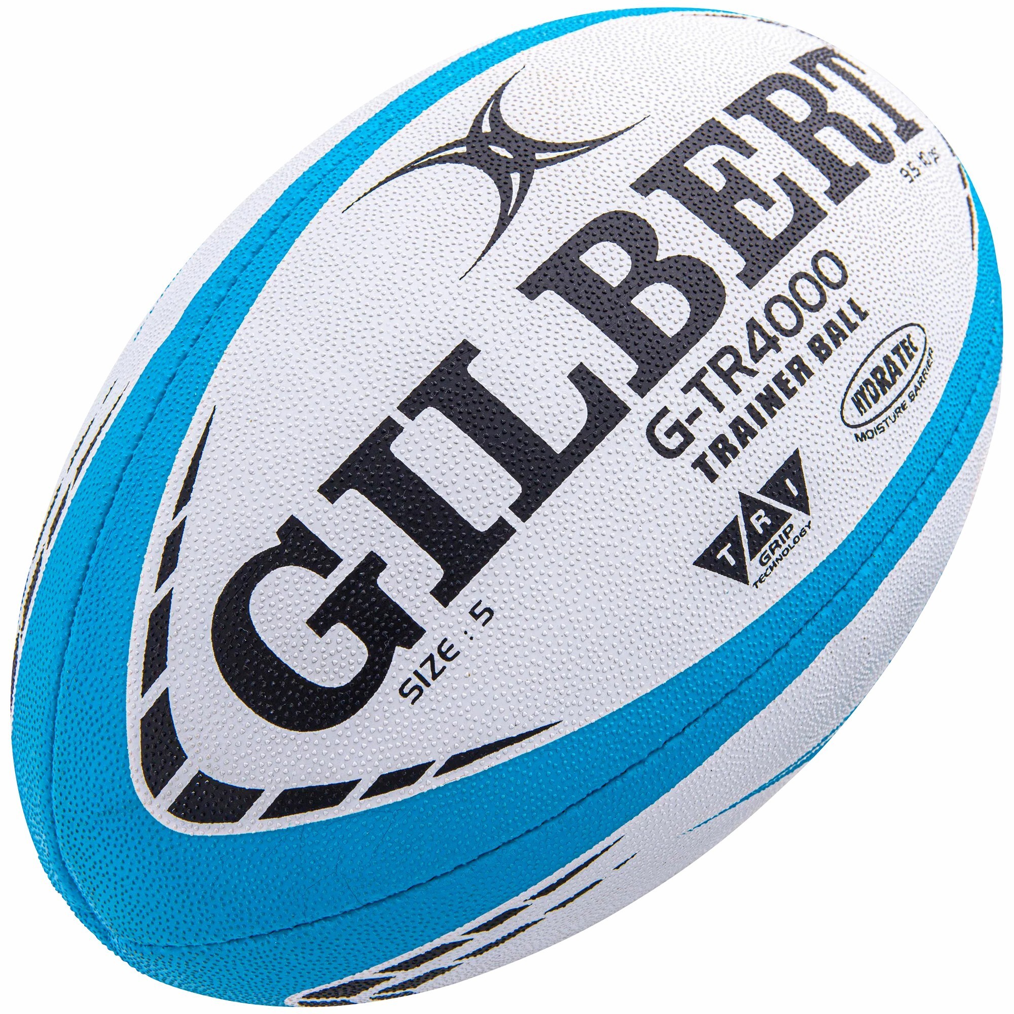 Black and white rugby ball with blue accents, featuring "GILBERT" and "G-TR4000" branding, textured surface for grip, and size markings for training use.