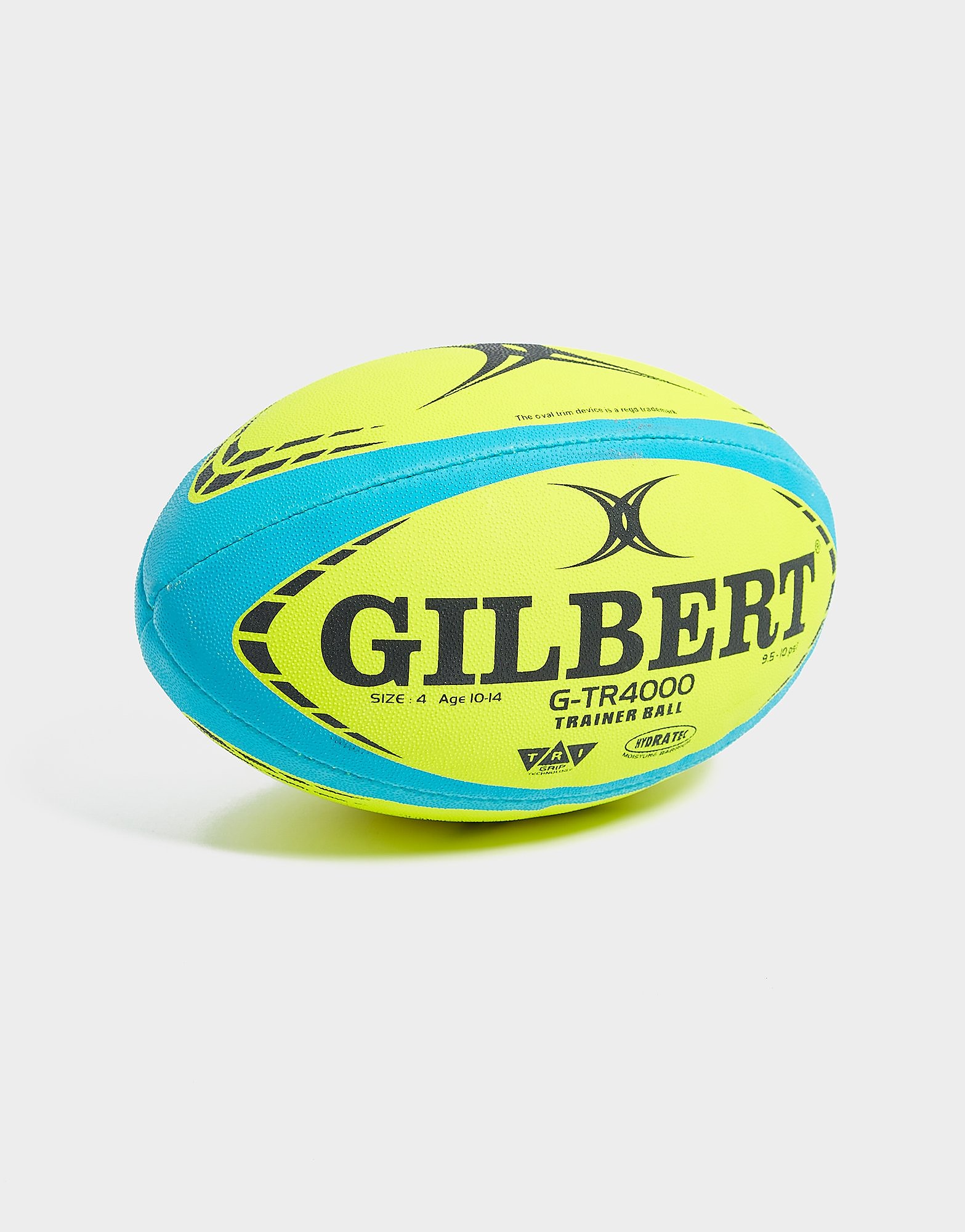 Bright yellow rugby ball with blue accents, featuring the "GILBERT" logo and "G-TR4000 Trainer Ball" text, designed for ages 10-14, made from durable synthetic material.