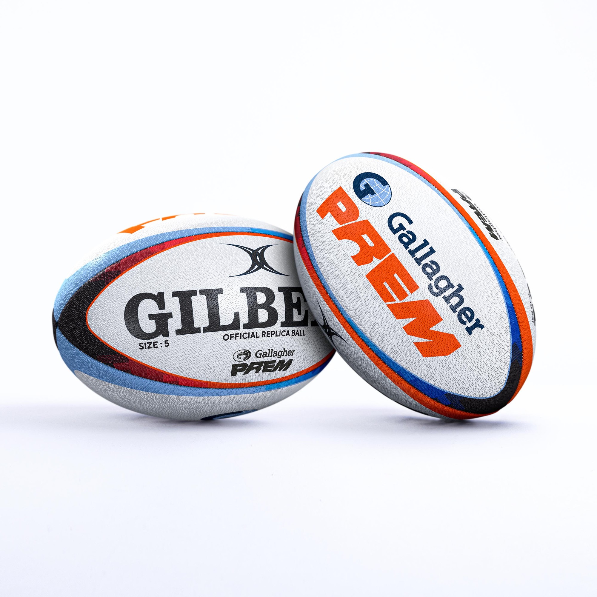 Gilbert Gallagher Prem Replica Rugby Ball, size 5, featuring a white surface with blue, orange, and black accents, showcasing the "Gilbert" and "Gallagher Prem" logos.
