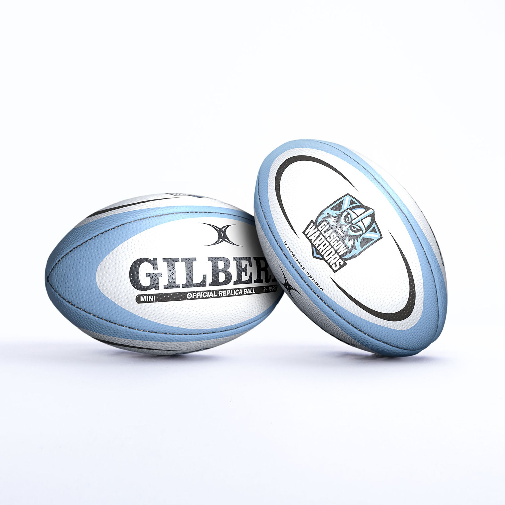 Blue and white Gilbert Glasgow replica rugby ball featuring the team logo and "GILBERT" branding, made of durable synthetic material for mini play.