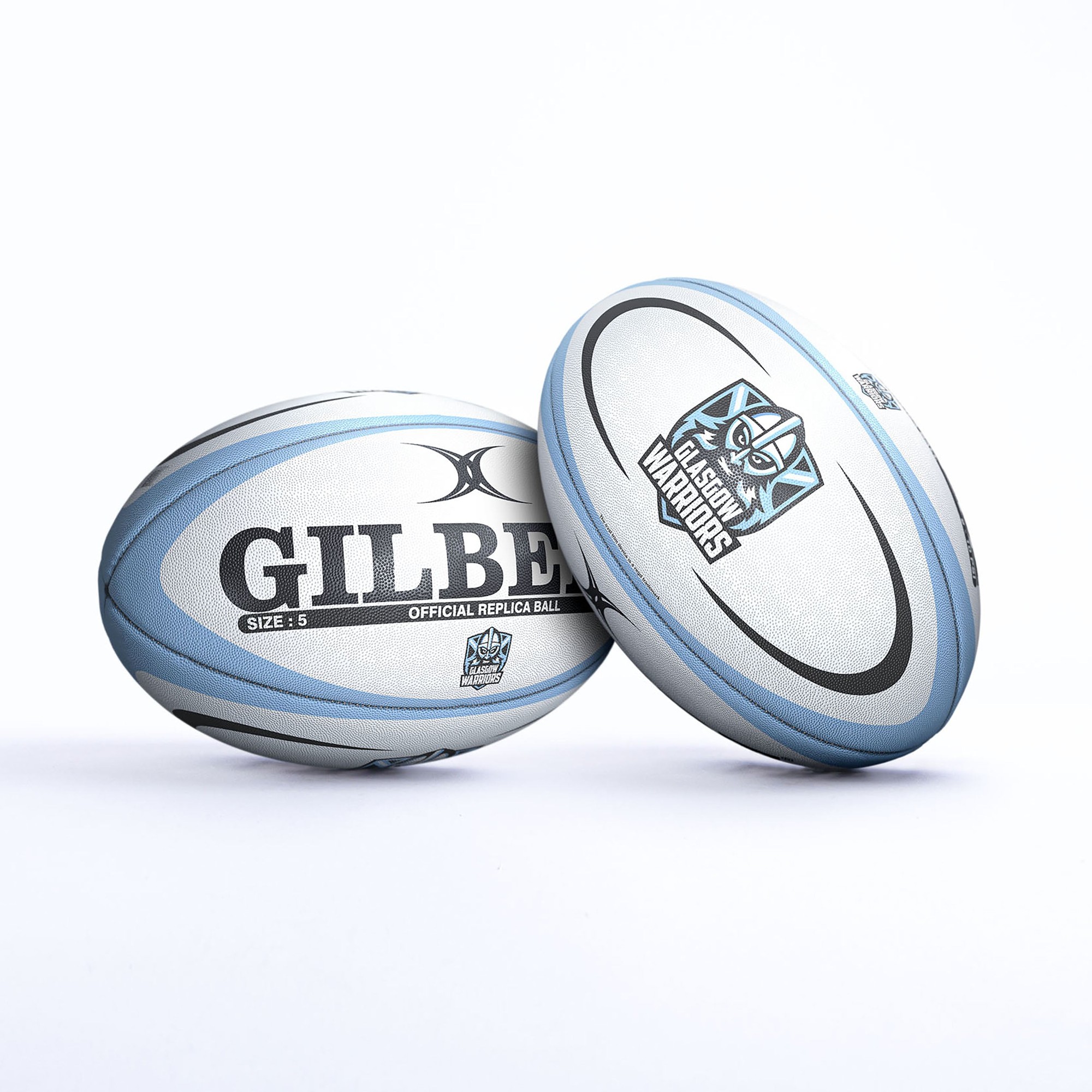 White rugby ball with blue accents, featuring "GILBERT" and "GLASGOW WARRIORS" logos, designed for official play, size 5, made of durable synthetic material.