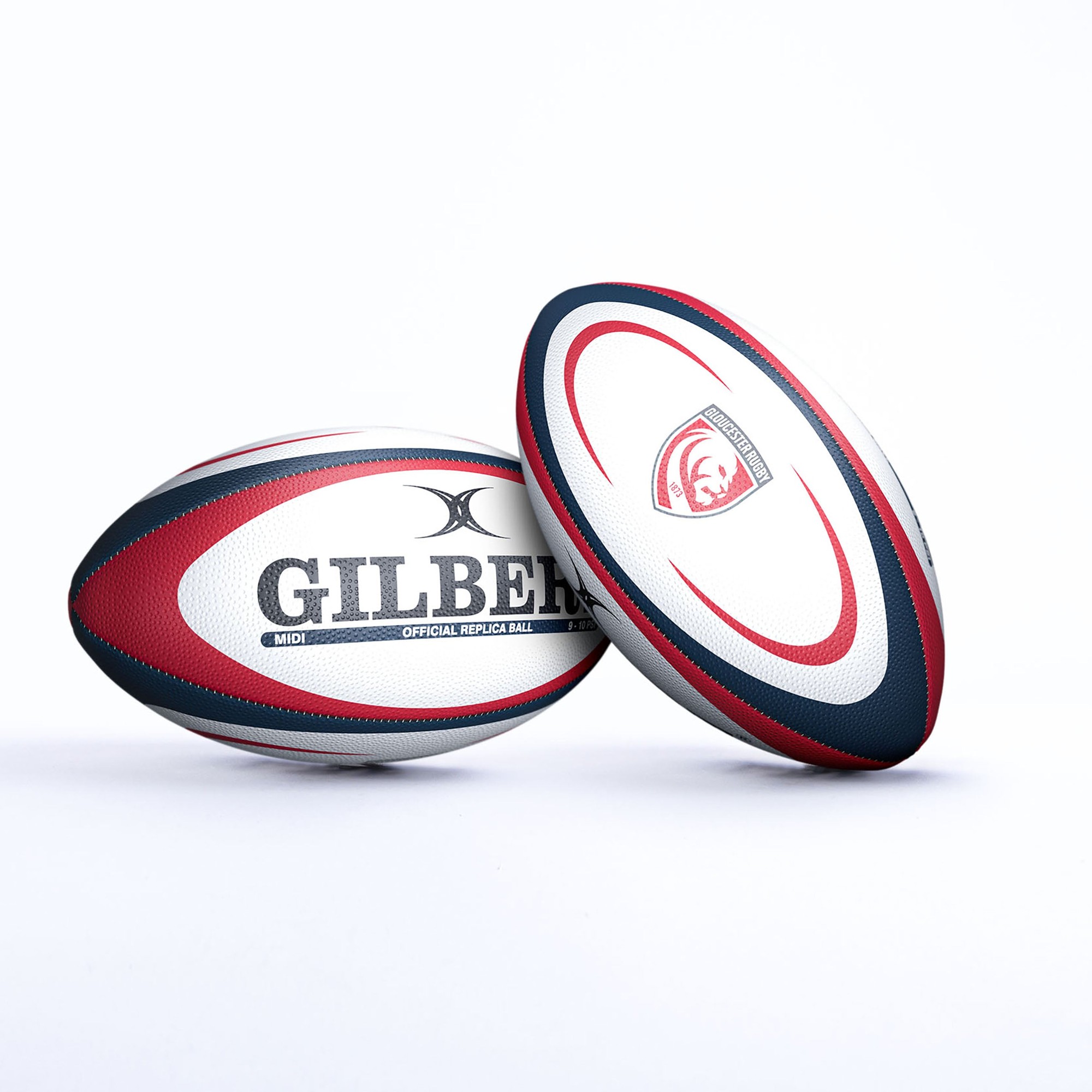 White rugby ball with red and navy blue accents, featuring the Gilbert logo and Gloucester Rugby emblem, designed for official replica use.