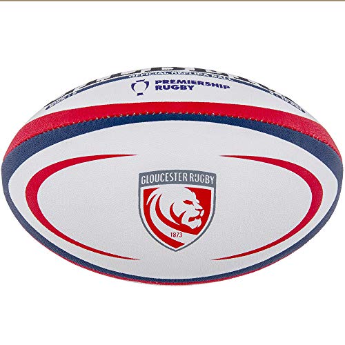 White rugby ball featuring red and blue accents, with the Gloucester Rugby logo and "Premiership Rugby" text, made of durable synthetic material.