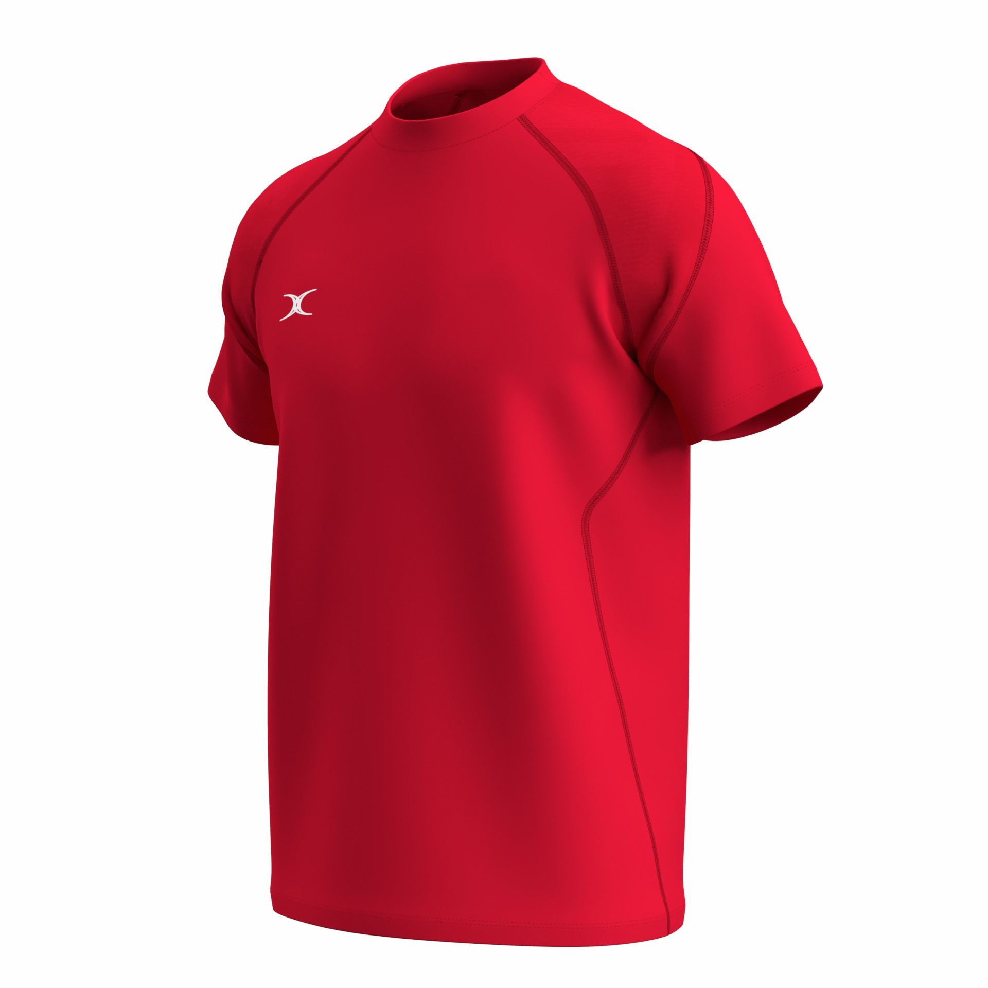 Red short-sleeve tee shirt made of lightweight material, featuring a round neck and contrasting stitching, with a small white Gilbert Rugby logo on the front.