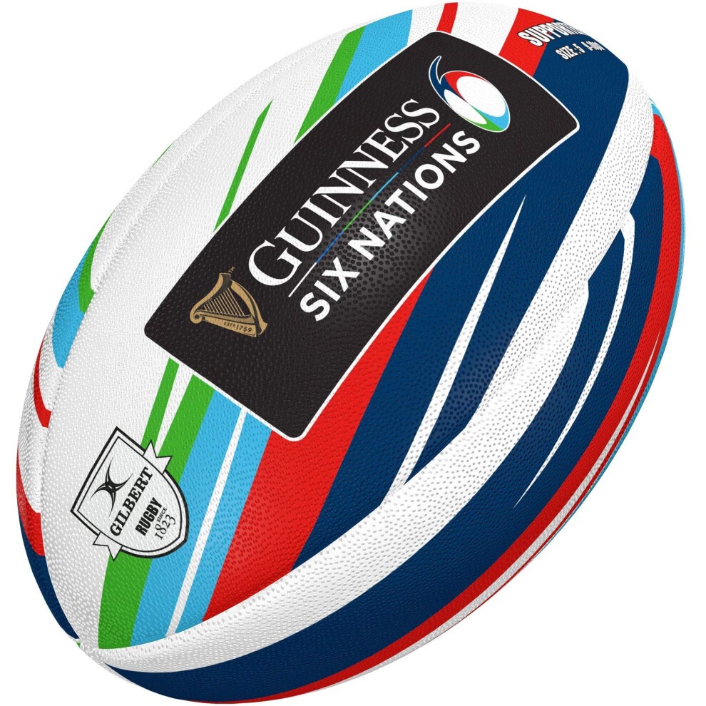White rugby ball featuring the Guinness Six Nations logo, with blue, red, and green stripes, made of durable material, designed for supporters in the 2024 tournament.
