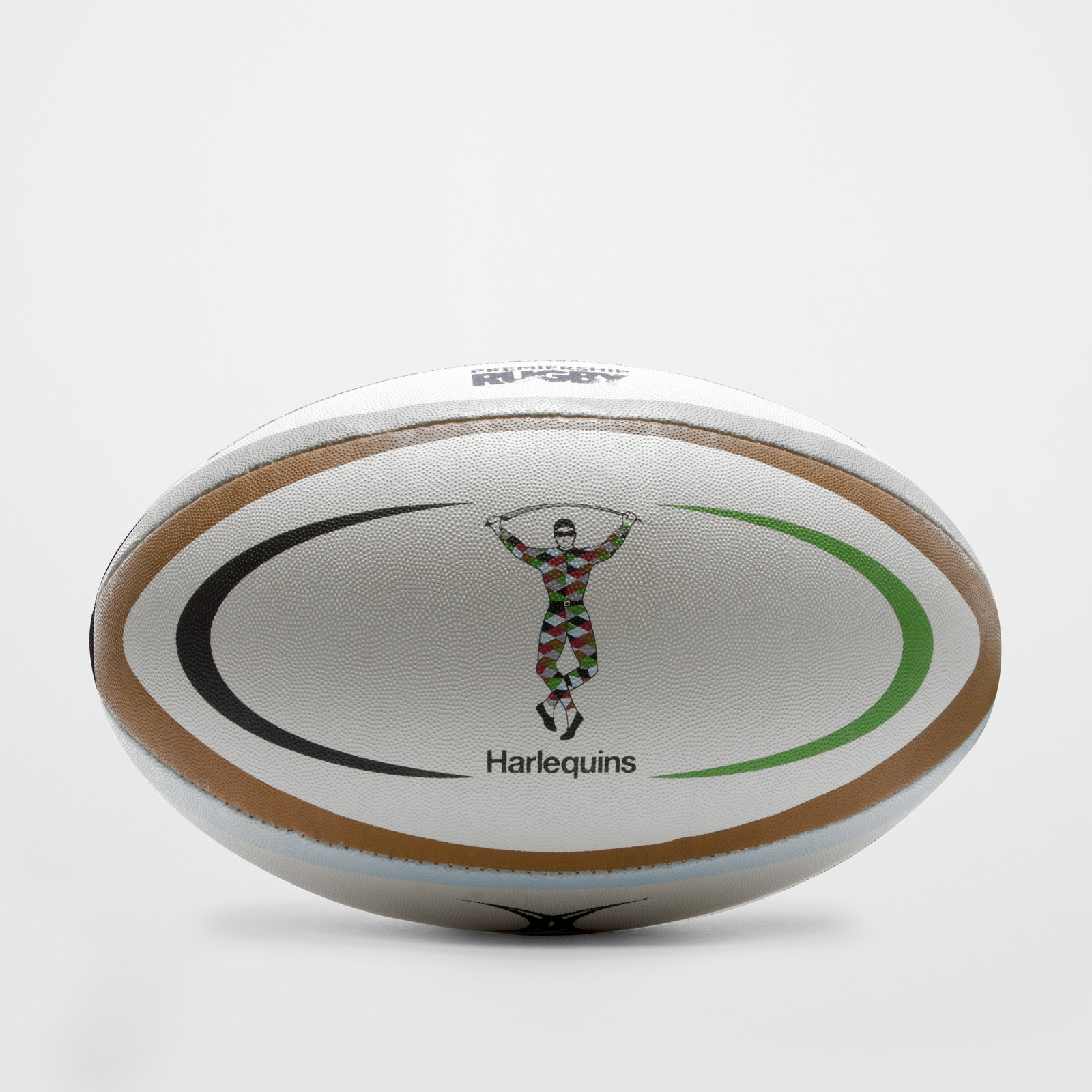 Yellow Gilbert Club Rugby ball with a textured surface, featuring a colorful Harlequins logo and distinctive green and brown stripes along the seams.