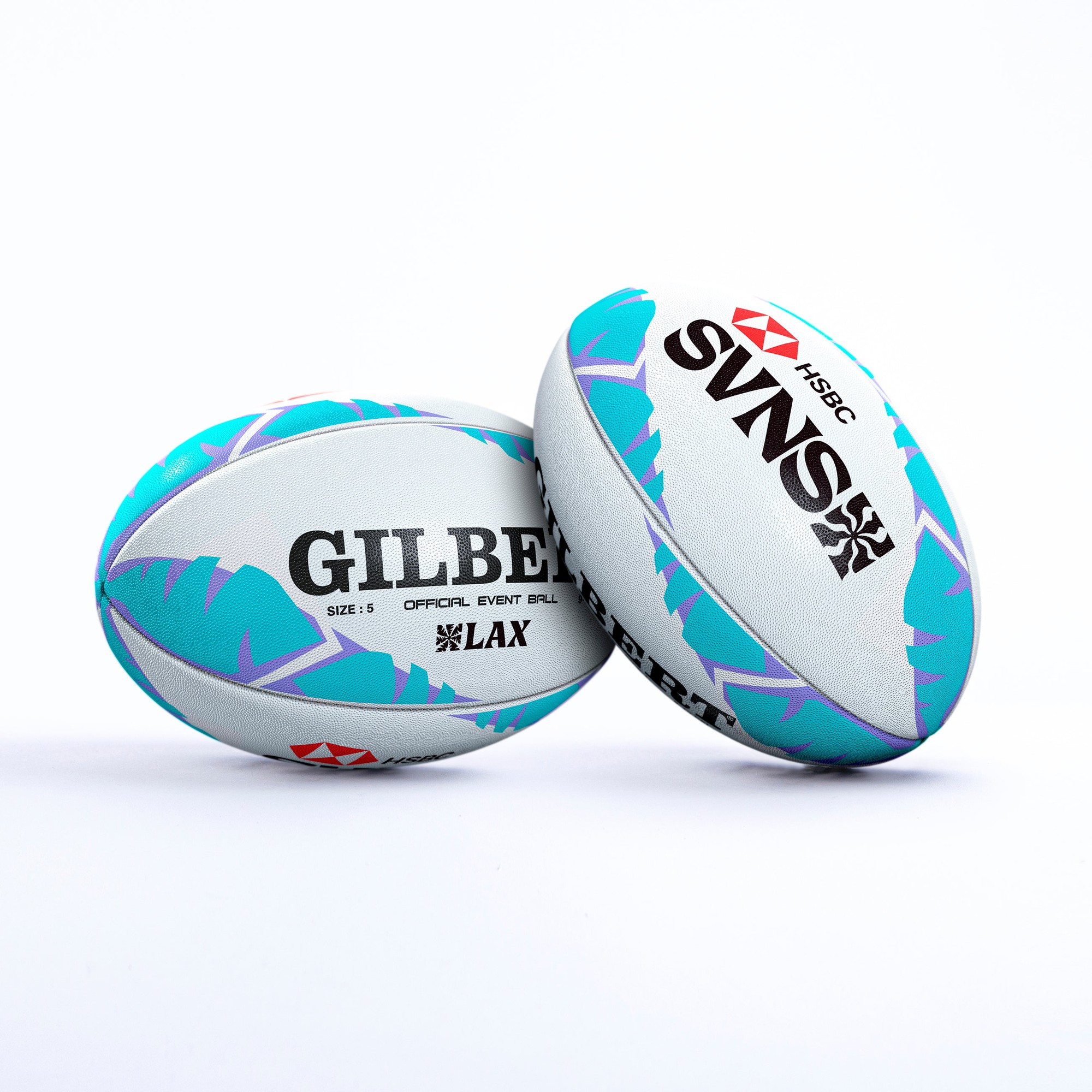 White rugby ball featuring vibrant purple and teal tropical designs, with "GILBERT" and "SVNS" logos, marked as an official event ball, size 5.