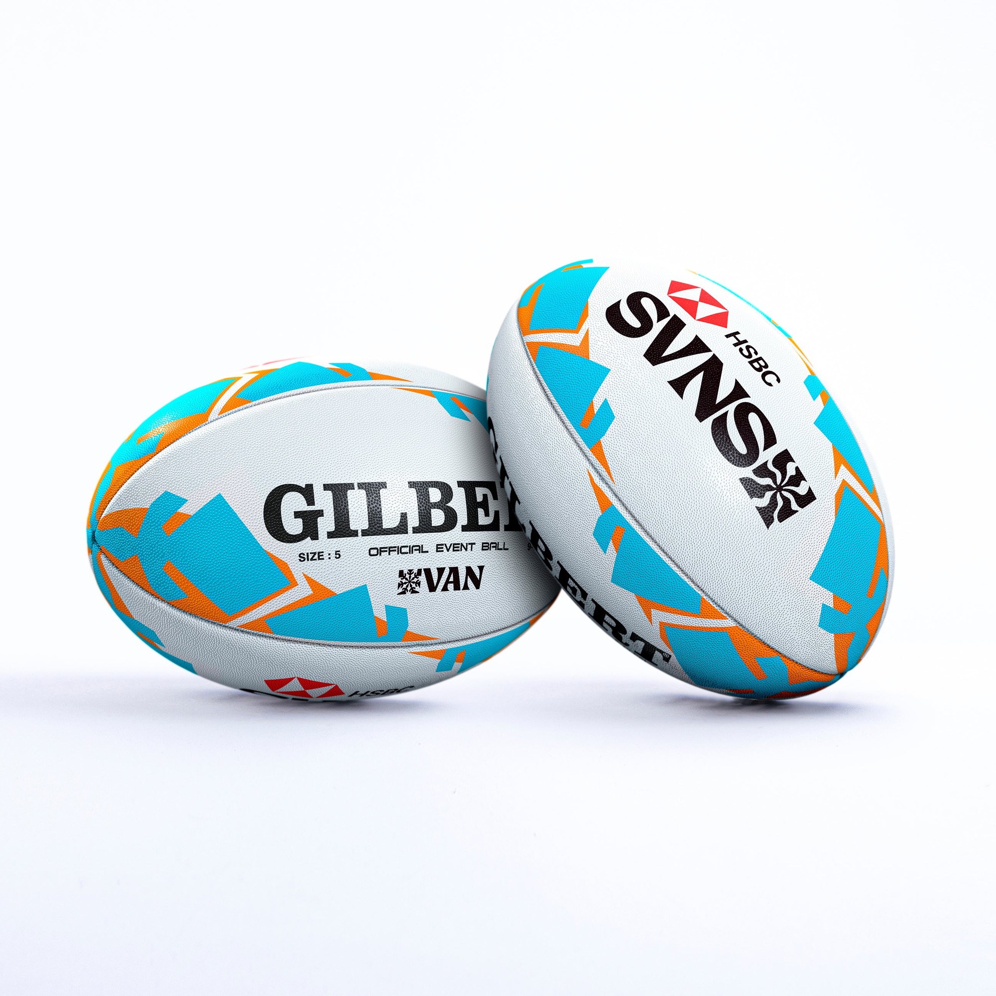 Two Gilbert rugby balls in white with vibrant blue and orange geometric patterns, featuring the "GILBERT" logo, "SVNS" branding, and "HSBC" emblem, marked as size 5 official event balls.