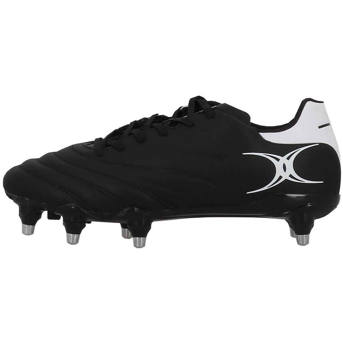 Black Gilbert Rugby Icon 8S boots feature a sleek design with a textured upper, white logo detailing, and metal studs for traction on the field.