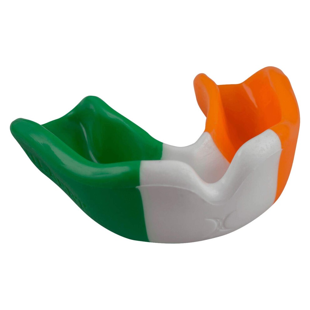 Green, white, and orange mouthguard featuring the Irish flag design, made from durable rubber material, designed for comfort and protection in rugby.