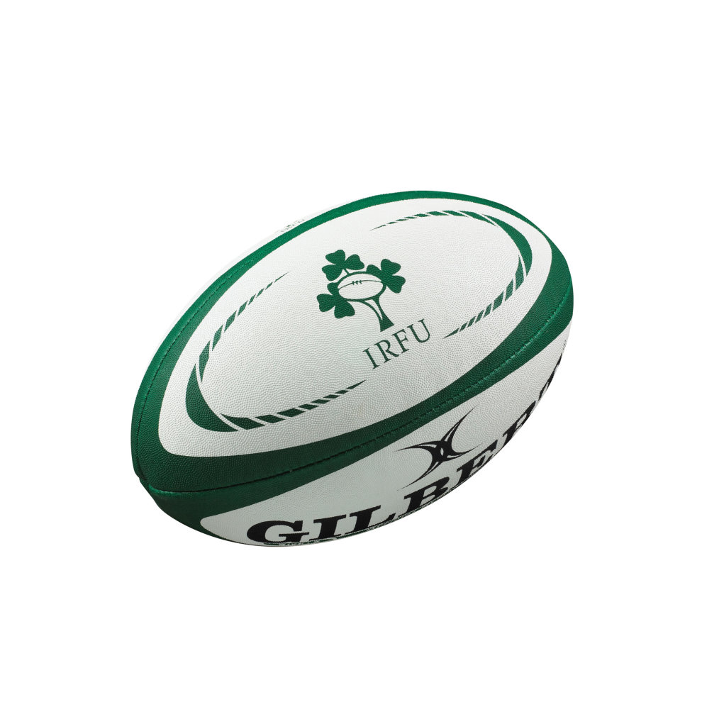 Green and white rugby ball featuring the Irish flag shamrock and "IRFU" logo, made of durable material with textured surface for grip, branded with "GILBERT" on one side.