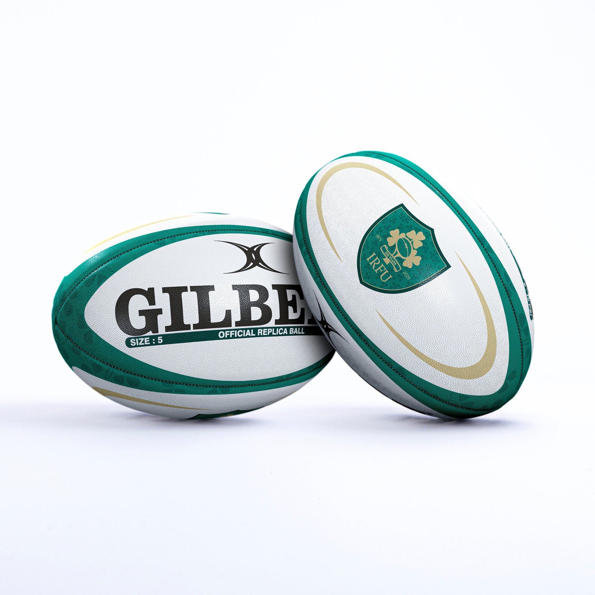 Gilbert Rugby IRFU 150th Replica Ball in green, white, and gold, featuring the IRFU logo and "GILBERT" branding, designed for official play, size 5.
