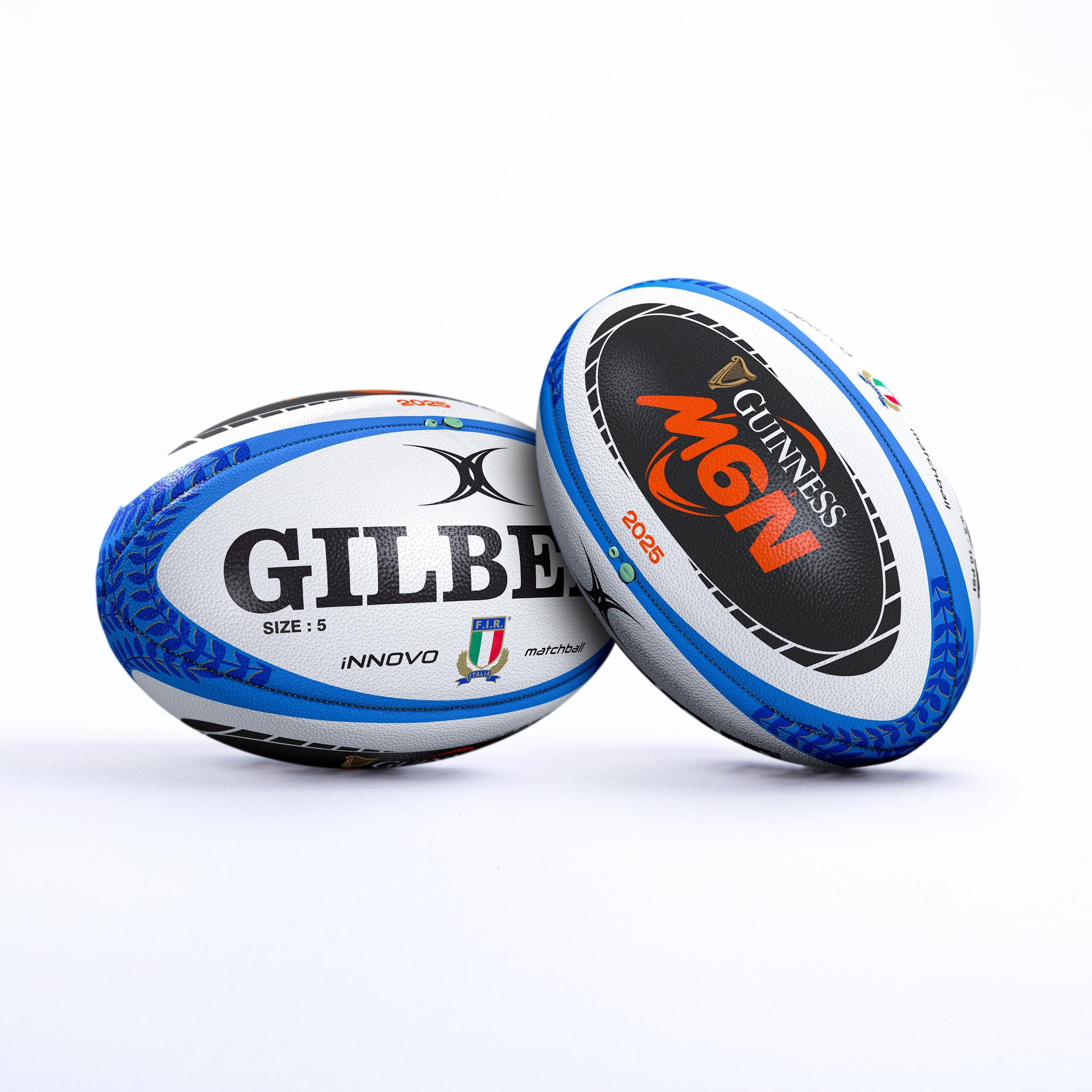 Gilbert Italy Guinness Six Nations 2025 INNOVO Match Ball featuring blue and black accents, with "GILBERT" and "GUINNESS SIX NATIONS" logos prominently displayed.