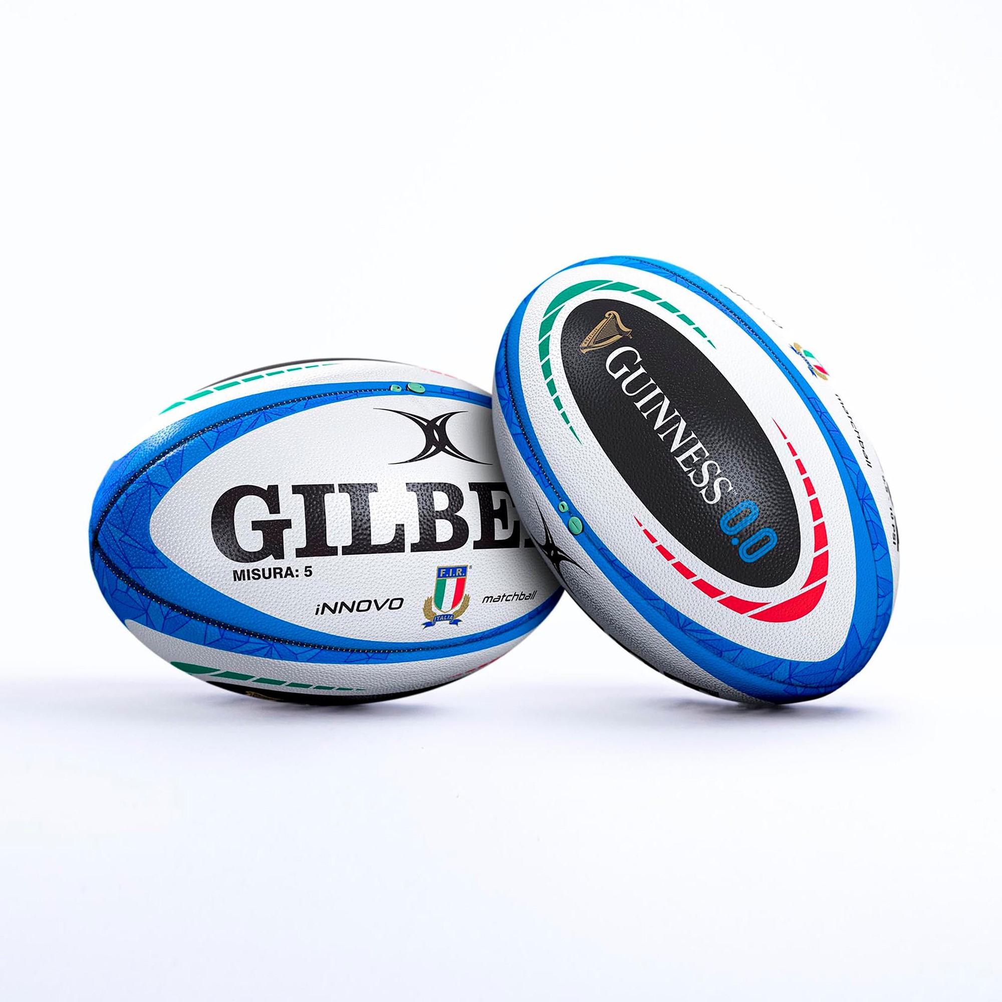 Gilbert Italy Guinness Six Nations INNOVO Match Ball featuring a white surface with blue and green accents, showcasing the Gilbert logo and Guinness branding.